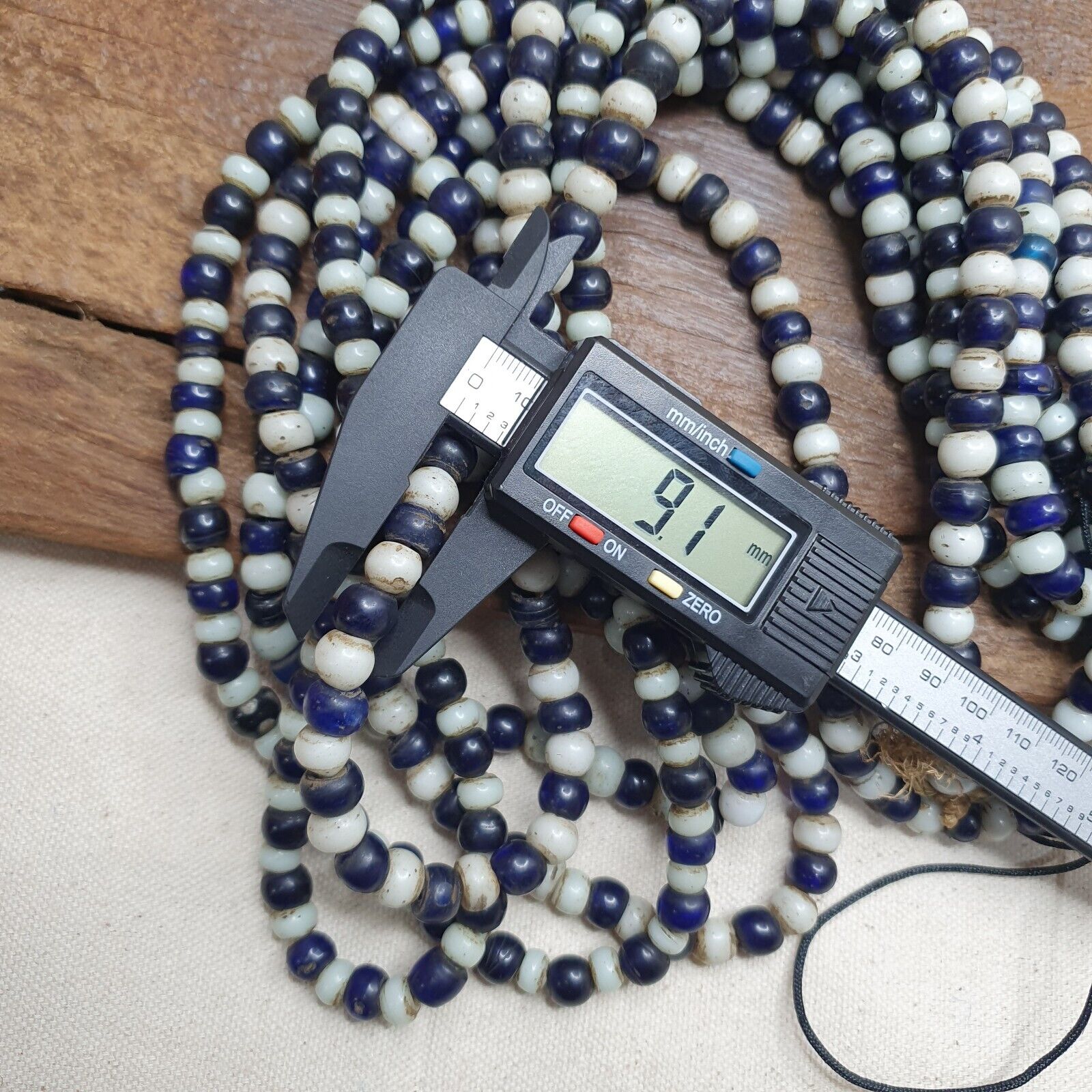 Antique Dutch lamp work African trade cobalt blue &white Beads 28" Long Strand