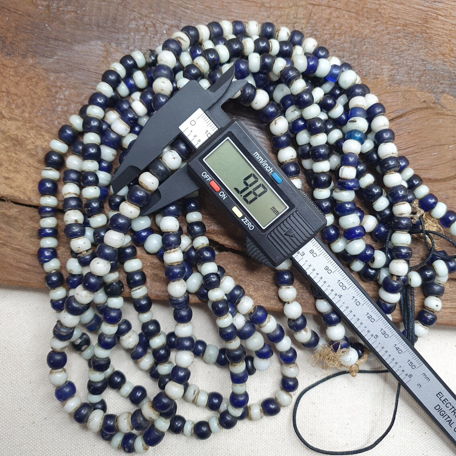 Antique Dutch lamp work African trade cobalt blue &white Beads 28" Long Strand