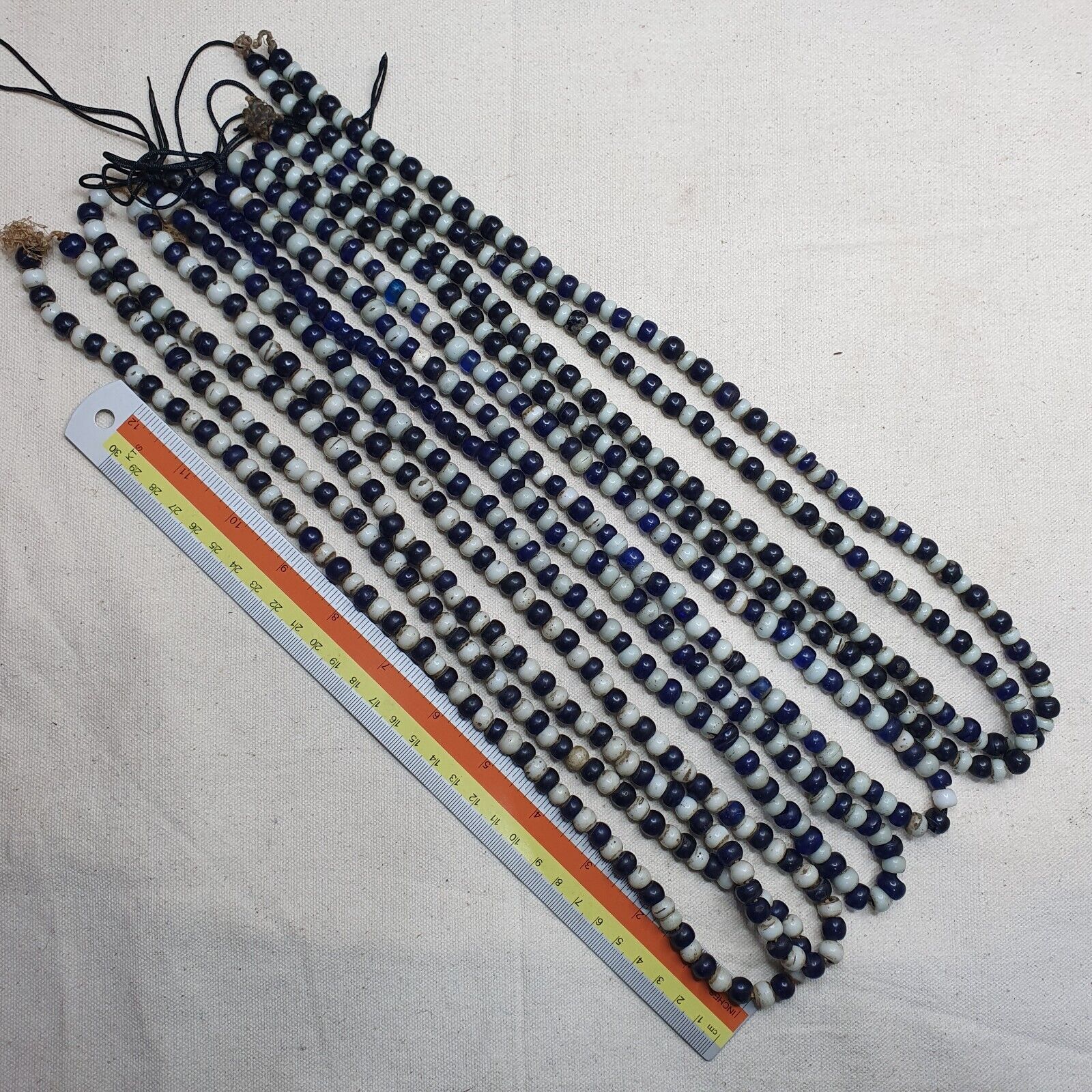 Antique Dutch lamp work African trade cobalt blue &white Beads 28" Long Strand