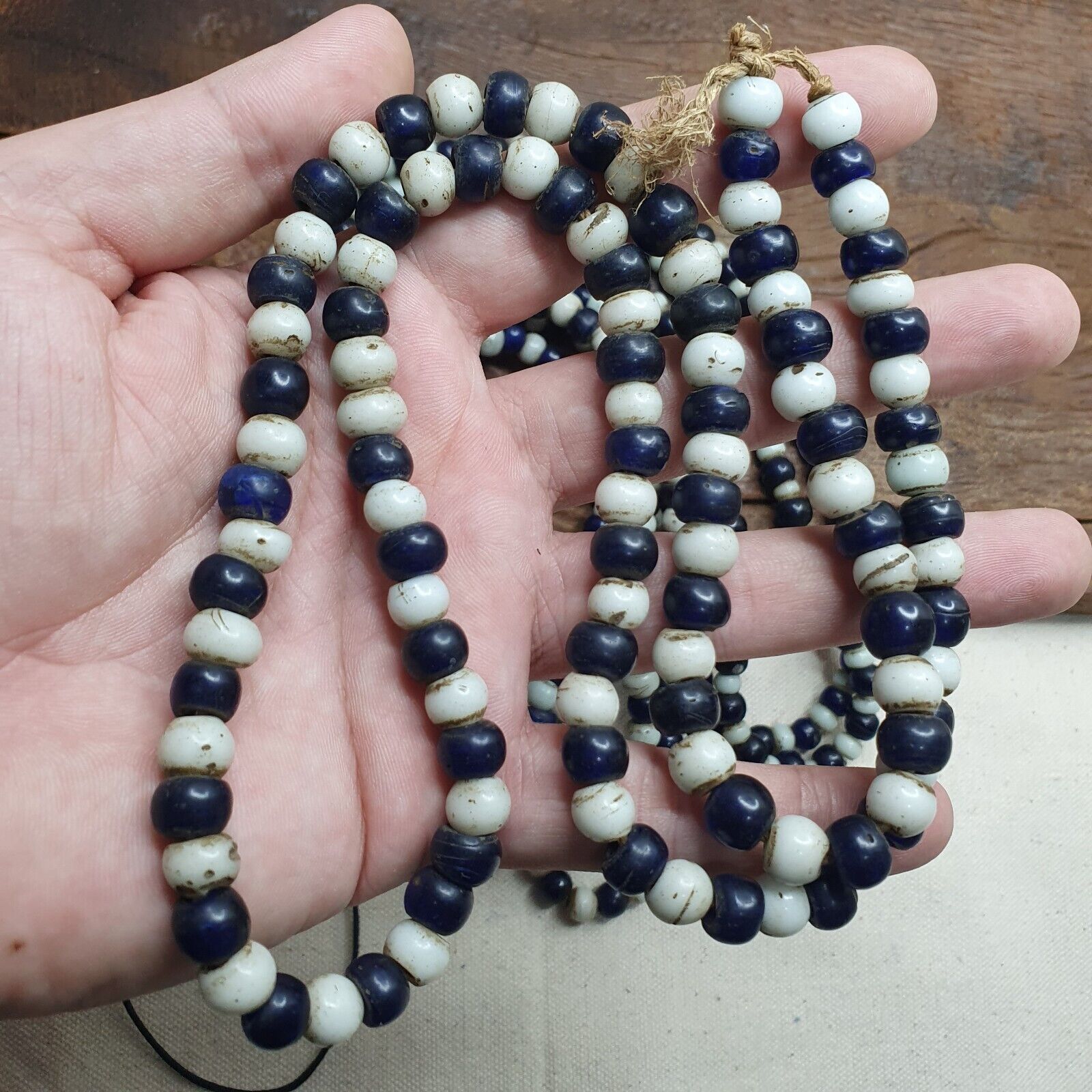 Antique Dutch lamp work African trade cobalt blue &white Beads 28" Long Strand