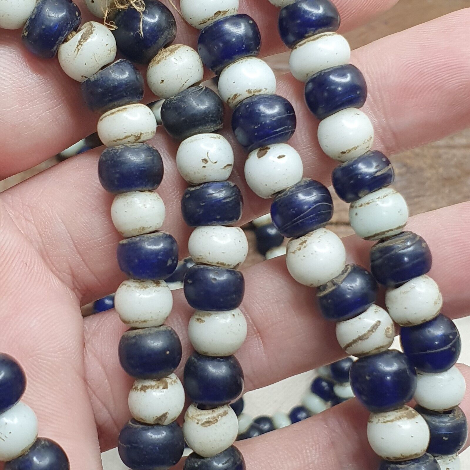 Antique Dutch lamp work African trade cobalt blue &white Beads 28" Long Strand