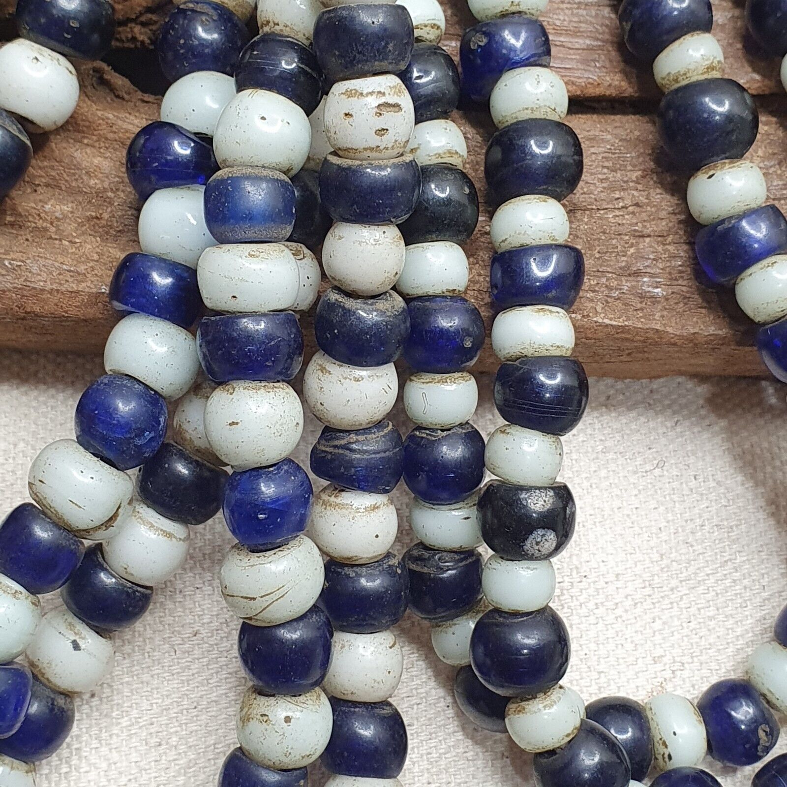 Antique Dutch lamp work African trade cobalt blue &white Beads 28" Long Strand