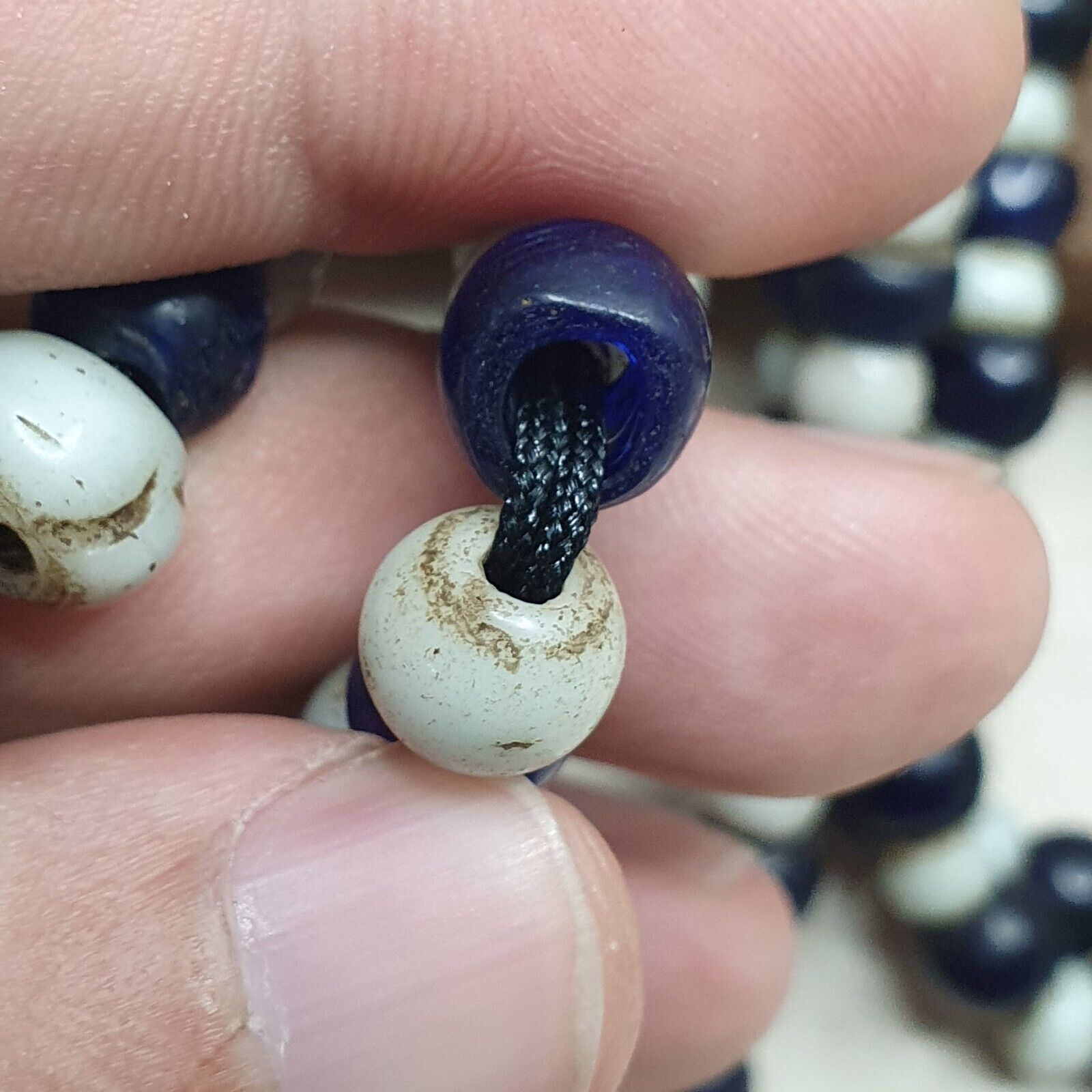 Antique Dutch lamp work African trade cobalt blue &white Beads 28" Long Strand