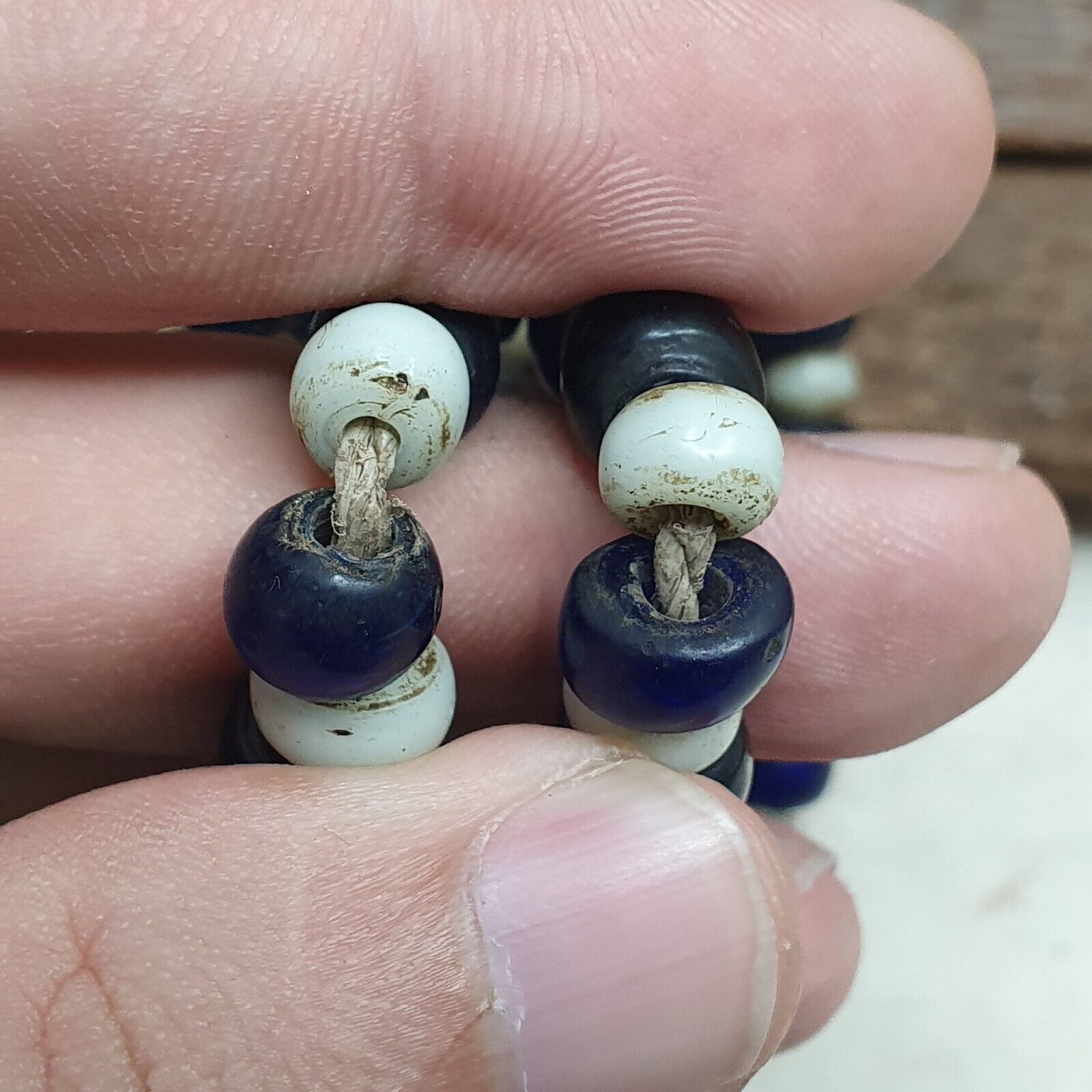 Antique Dutch lamp work African trade cobalt blue &white Beads 28" Long Strand