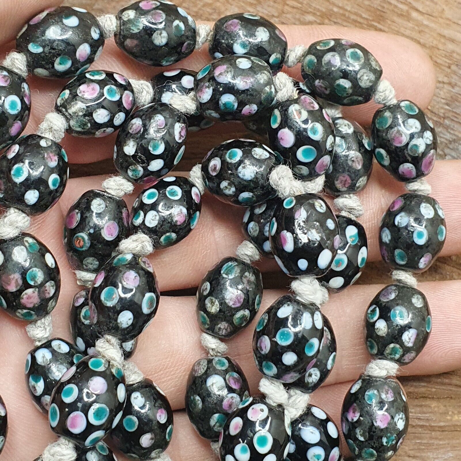 Black Skunk Venetian Style Beads Dotted Beads EAST OASIS Collection long strand