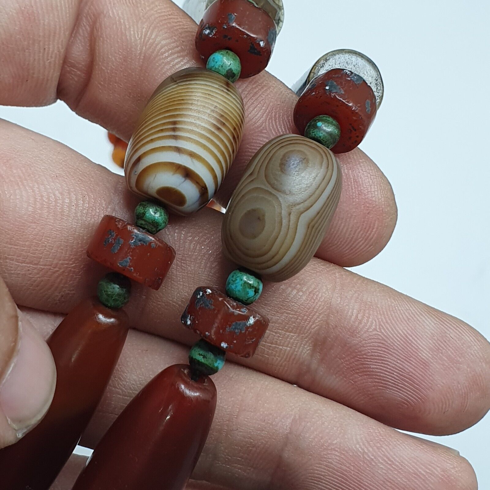 Antique Himalayan Indo Tibetan Suleimani Eye Agate Amulet Beads Necklace