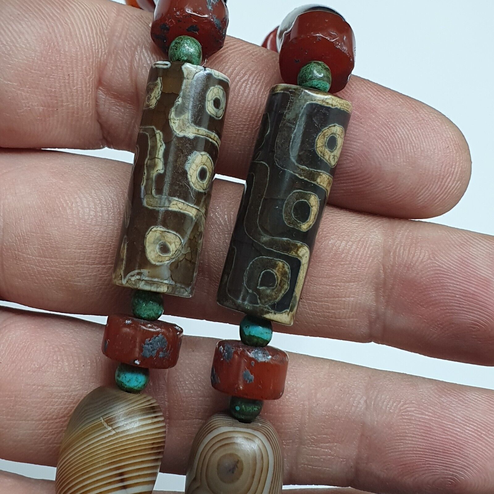 Antique Himalayan Indo Tibetan Suleimani Eye Agate Amulet Beads Necklace
