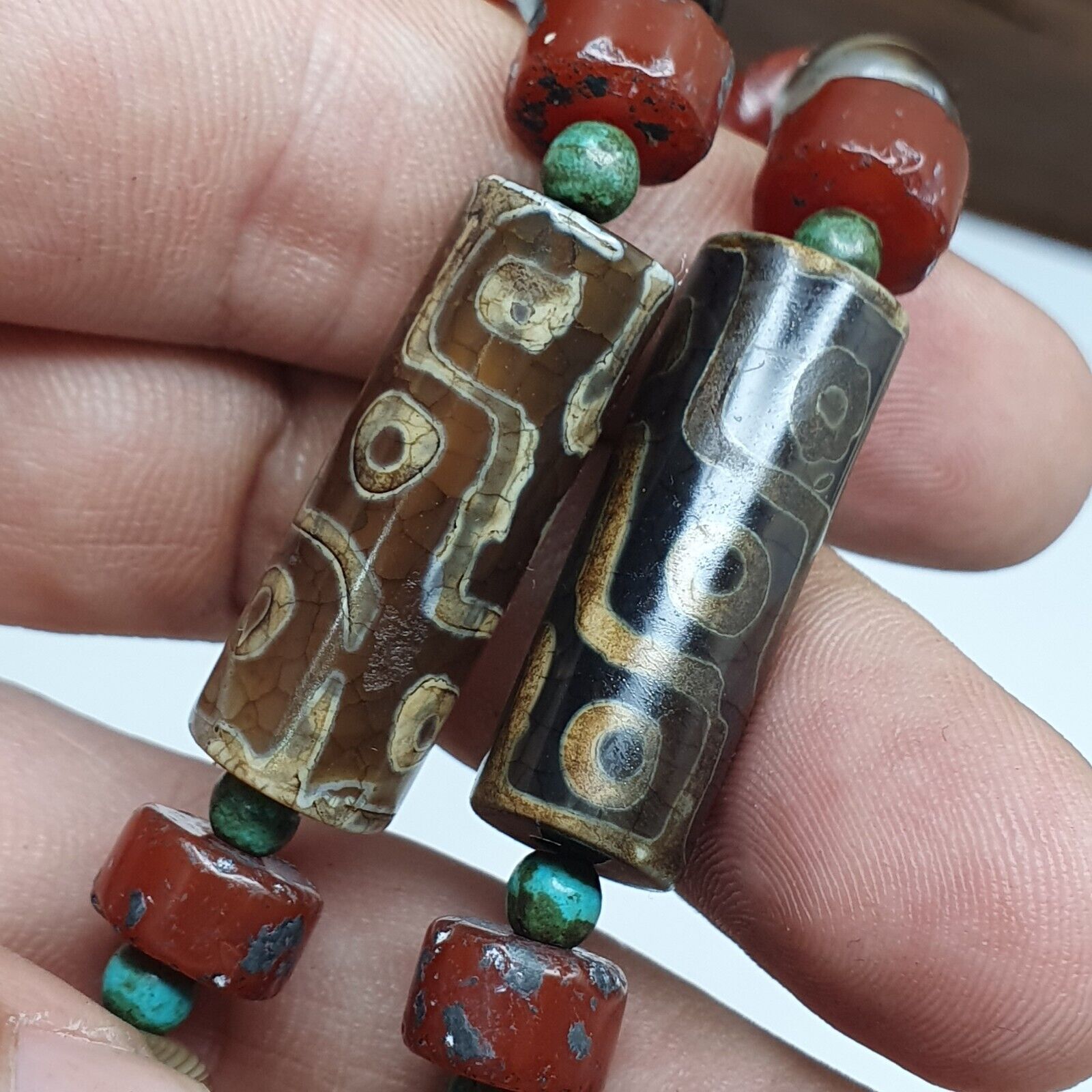 Antique Himalayan Indo Tibetan Suleimani Eye Agate Amulet Beads Necklace
