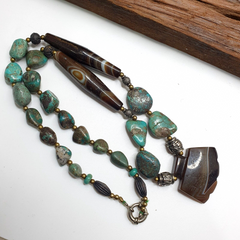 Antique Himalayan Tibetan Suleimani Eye Agate, Turquoise Amulet Beads Necklace