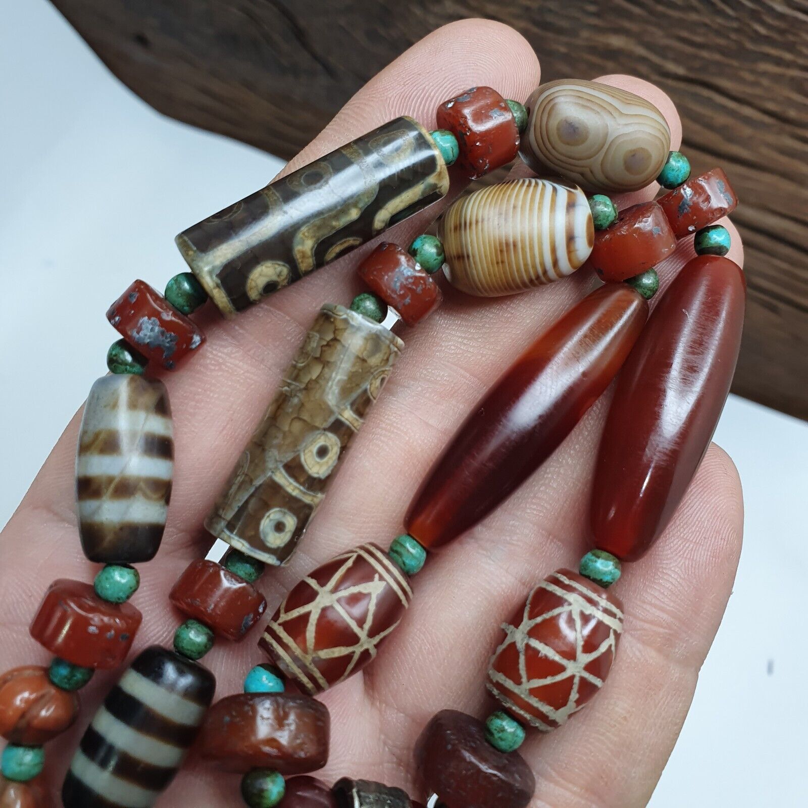Antique Himalayan Indo Tibetan Suleimani Eye Agate Amulet Beads Necklace