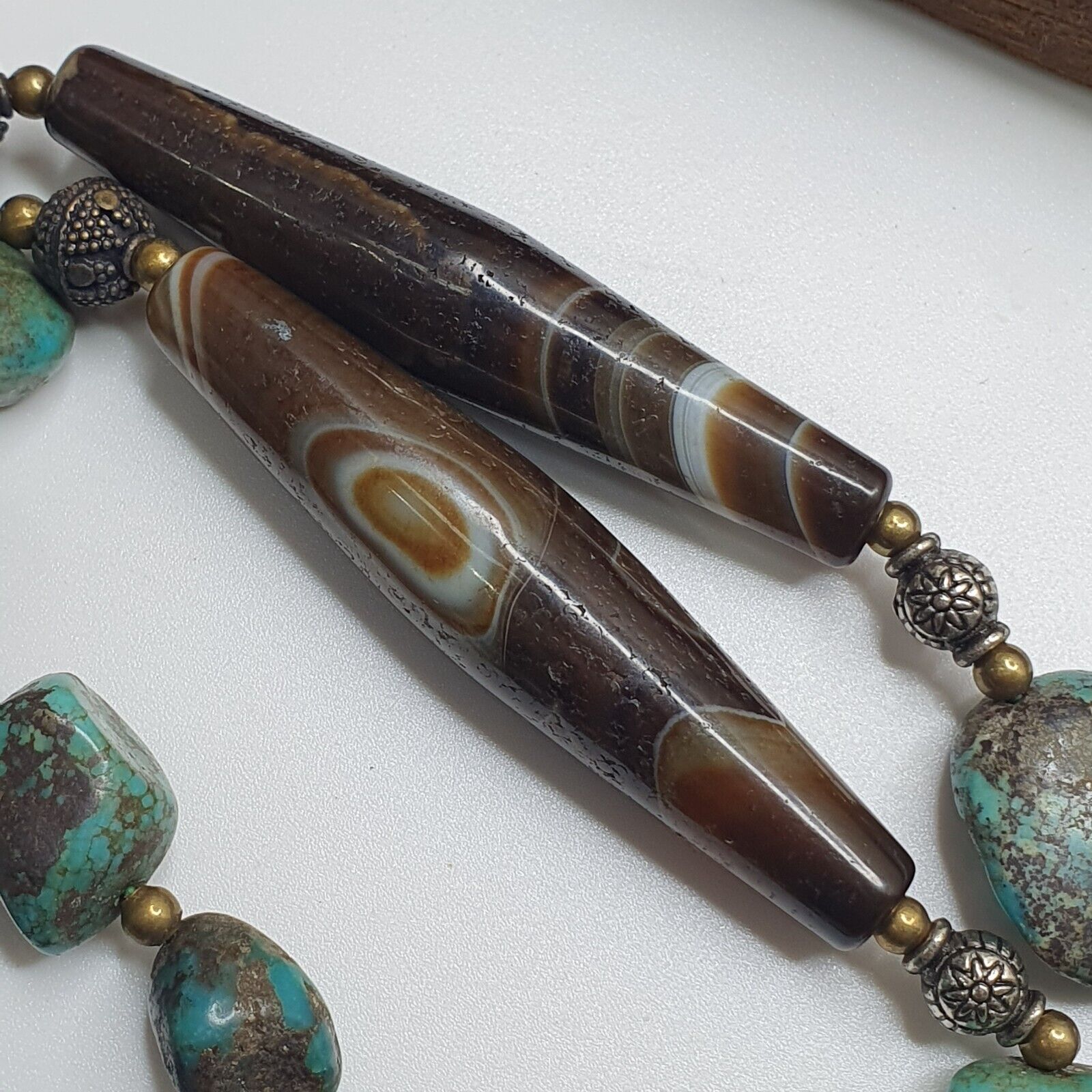 Antique Himalayan Tibetan Suleimani Eye Agate, Turquoise Amulet Beads Necklace