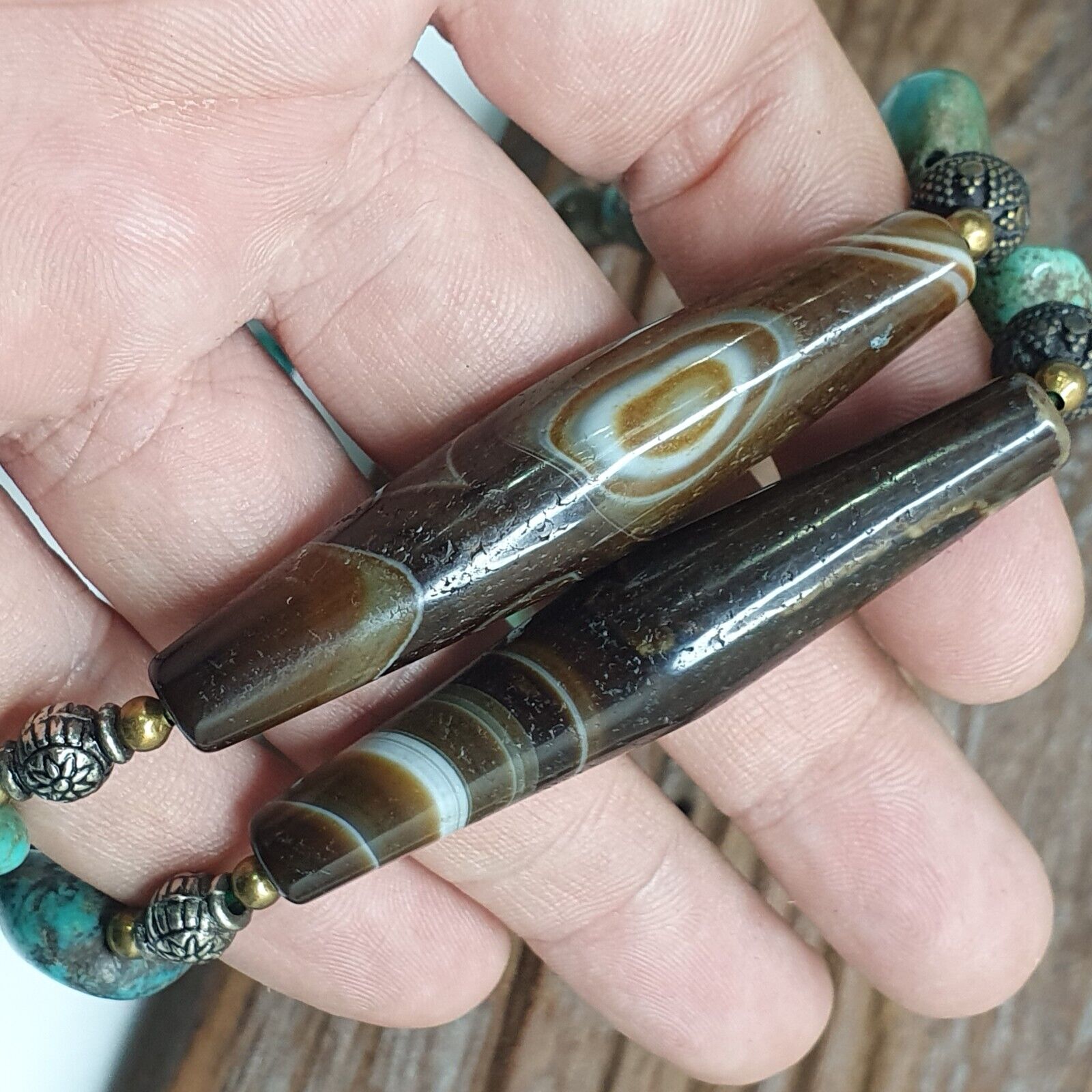 Antique Himalayan Tibetan Suleimani Eye Agate, Turquoise Amulet Beads Necklace