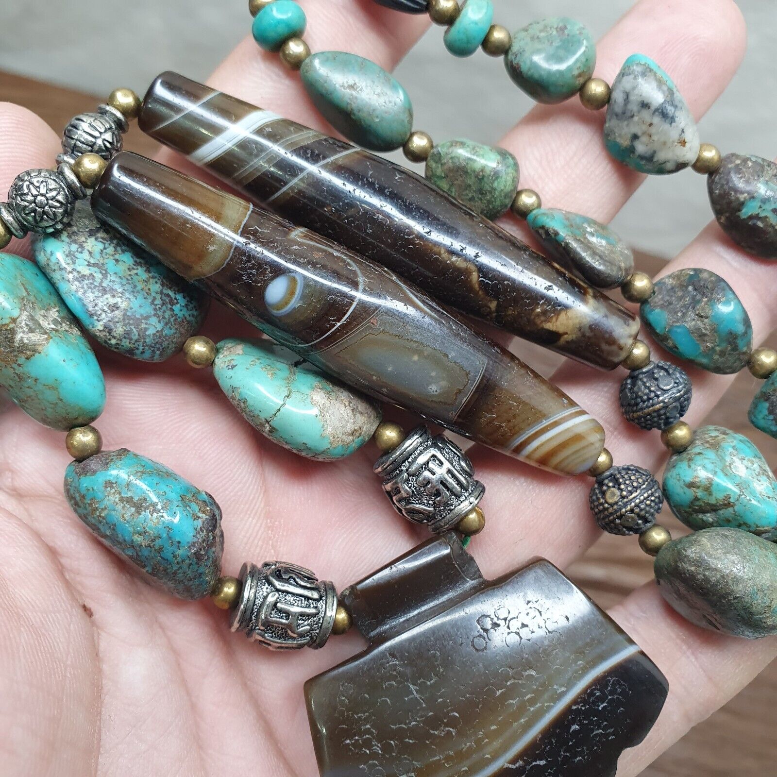 Antique Himalayan Tibetan Suleimani Eye Agate, Turquoise Amulet Beads Necklace