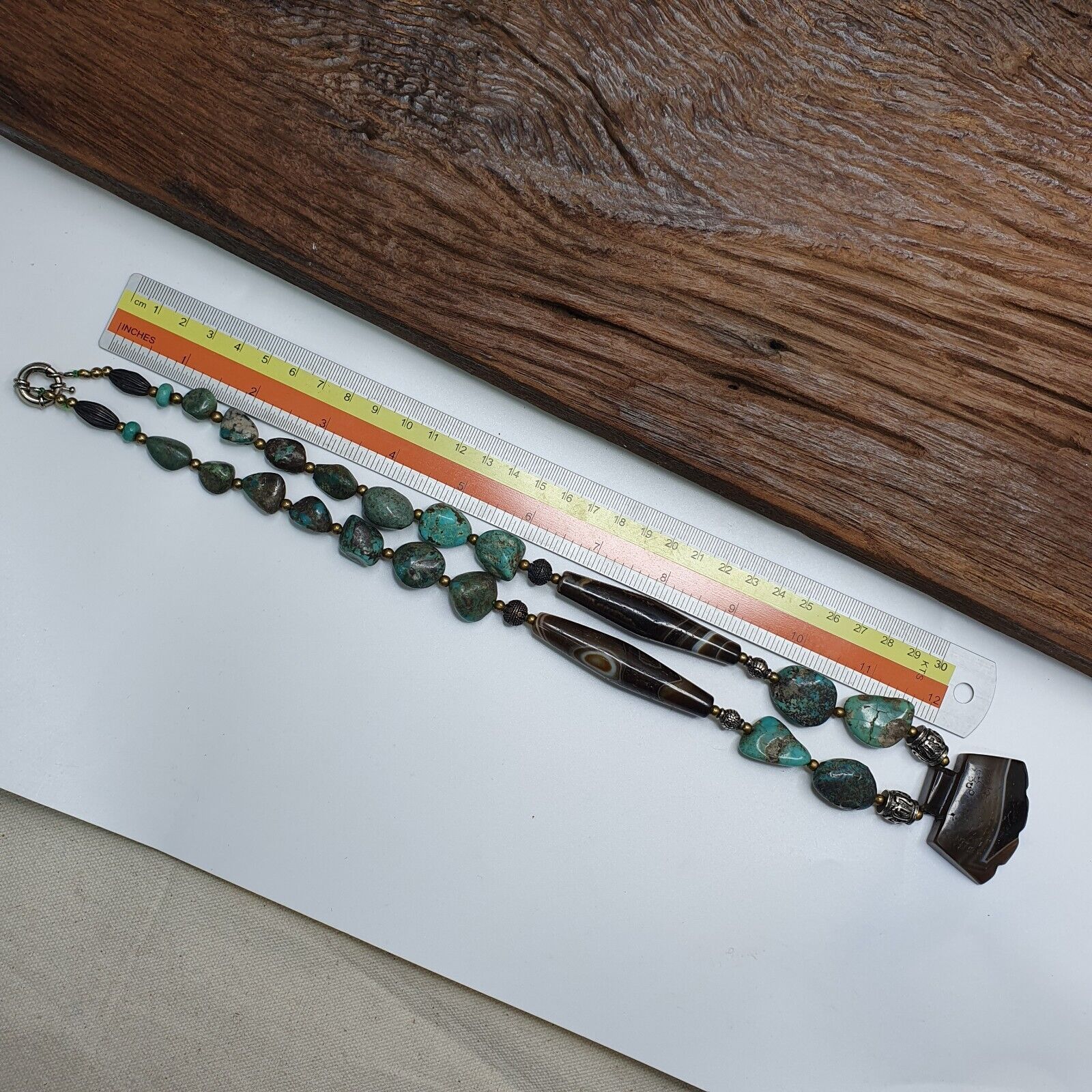 Antique Himalayan Tibetan Suleimani Eye Agate, Turquoise Amulet Beads Necklace