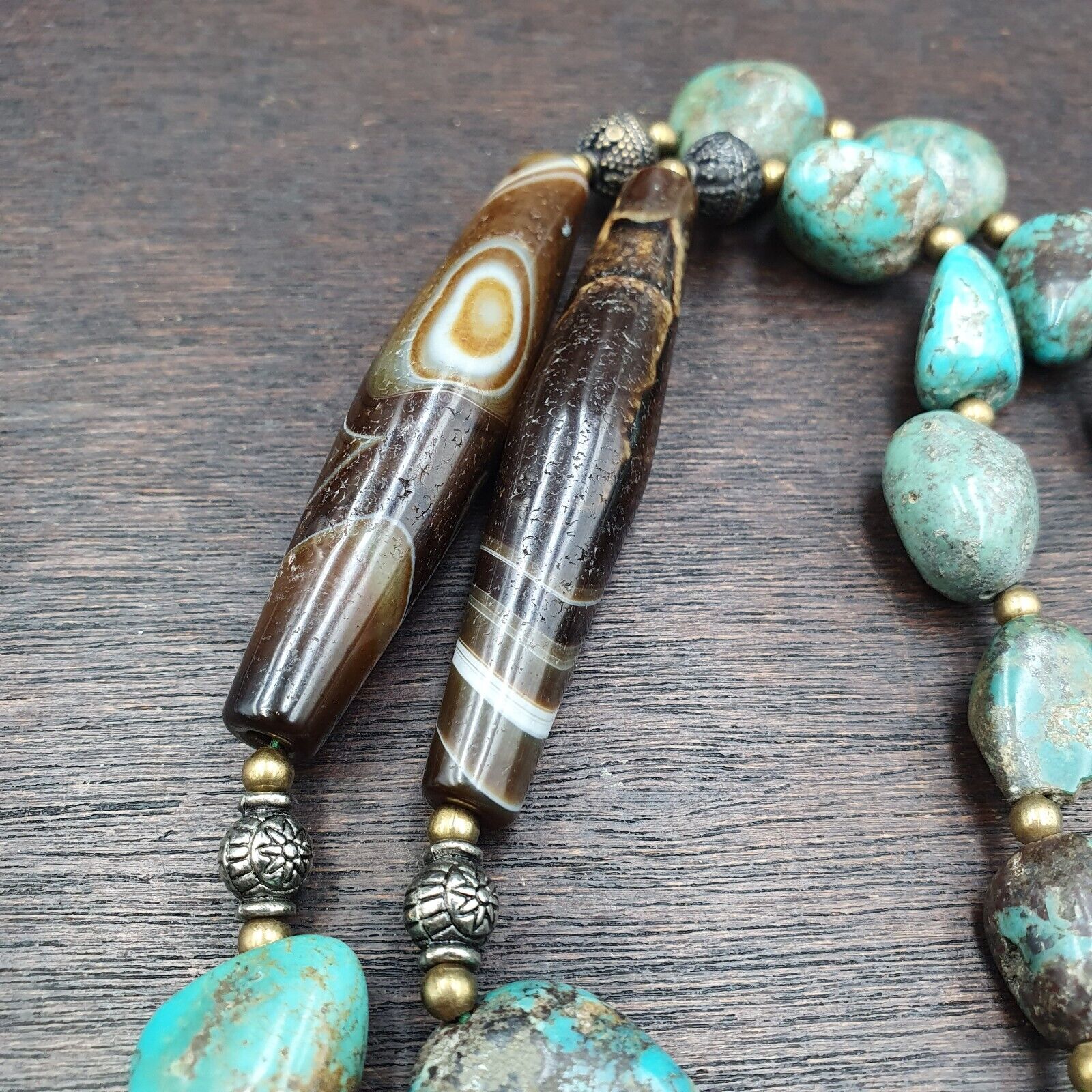 Antique Himalayan Tibetan Suleimani Eye Agate, Turquoise Amulet Beads Necklace