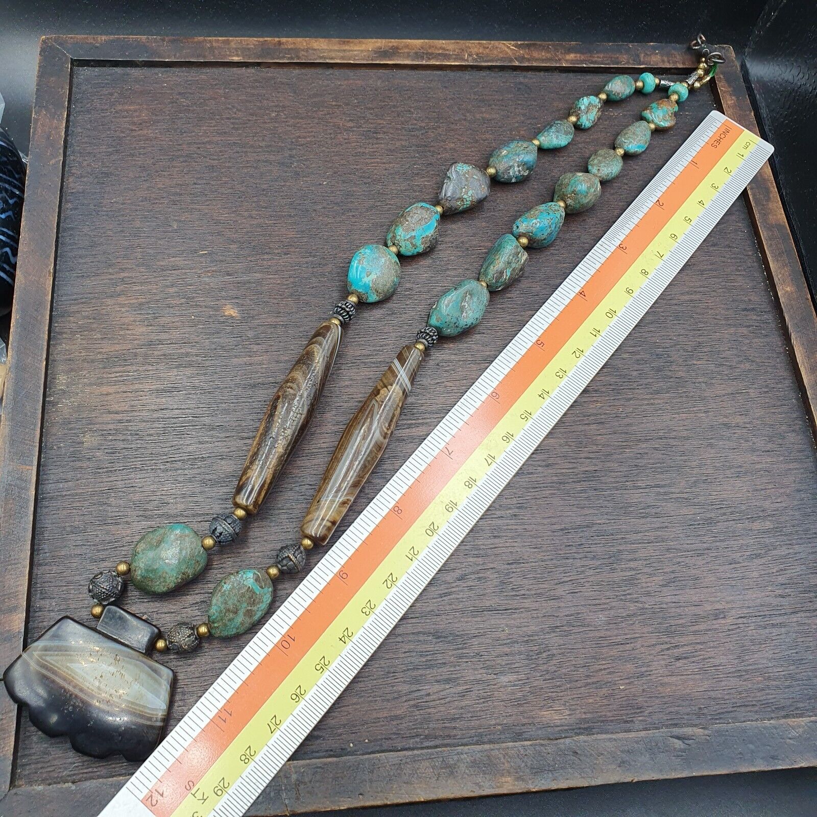 Antique Himalayan Tibetan Agate, Turquoise Amulet Beads Necklace TRQ2