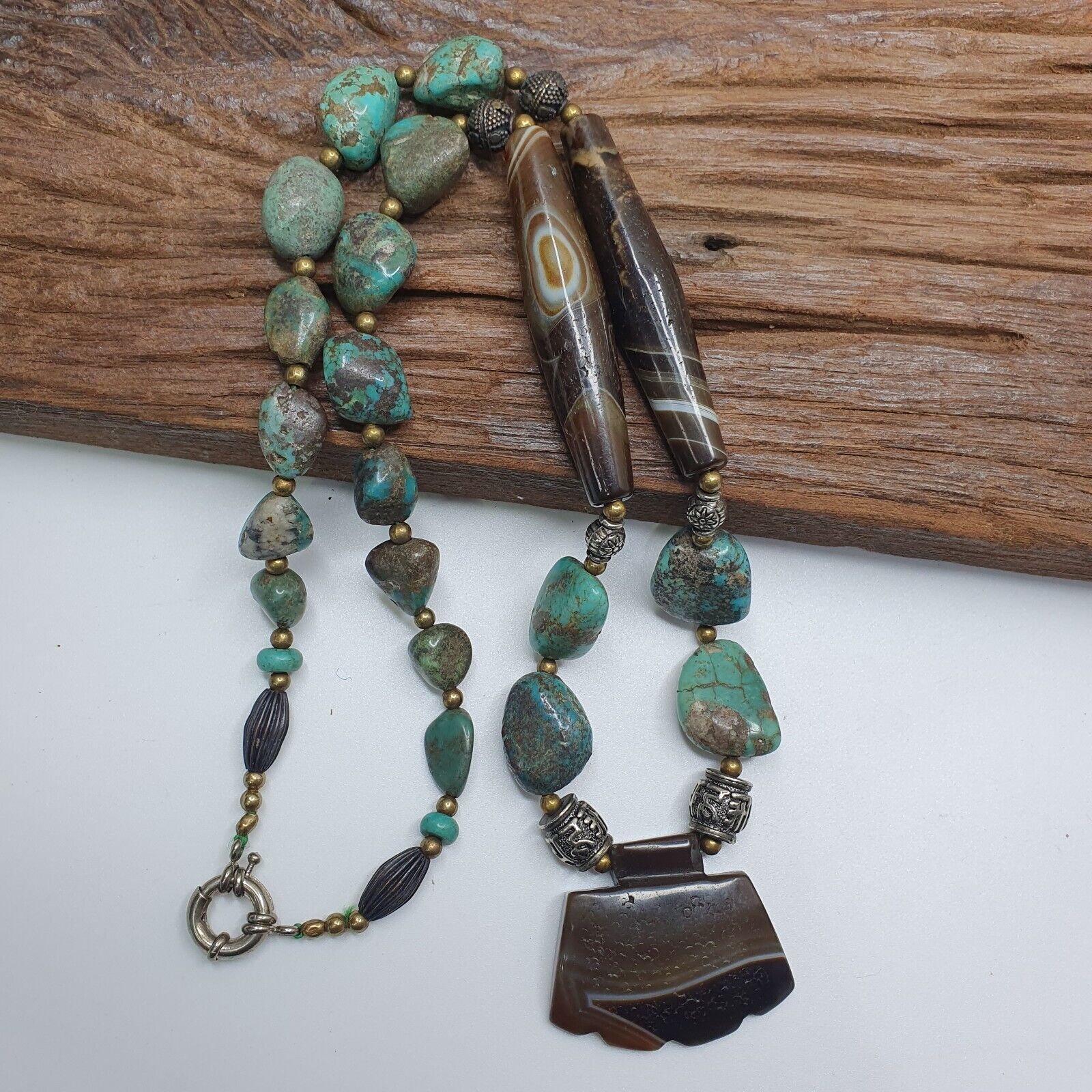 Antique Himalayan Tibetan Suleimani Eye Agate, Turquoise Amulet Beads Necklace