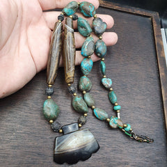 Antique Himalayan Tibetan Agate, Turquoise Amulet Beads Necklace TRQ2