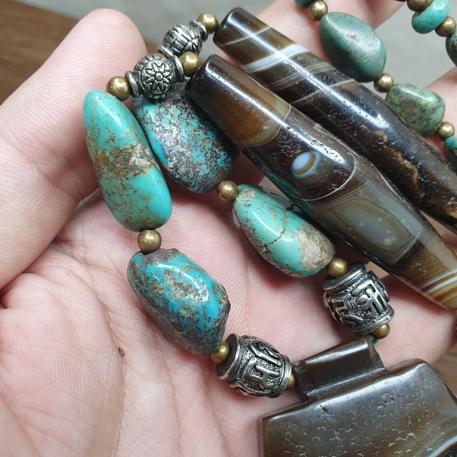 Antique Himalayan Tibetan Suleimani Eye Agate, Turquoise Amulet Beads Necklace