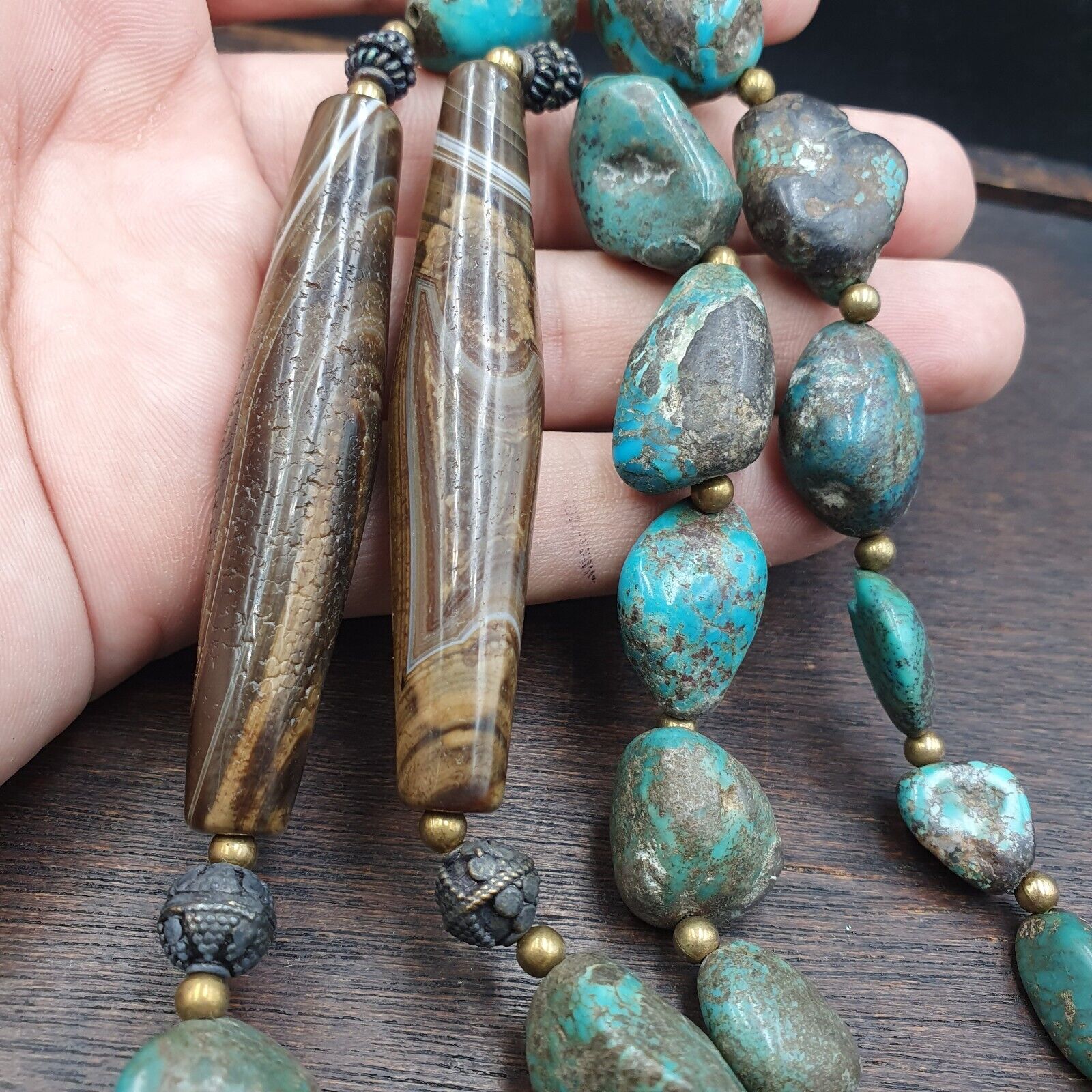 Antique Himalayan Tibetan Agate, Turquoise Amulet Beads Necklace TRQ2