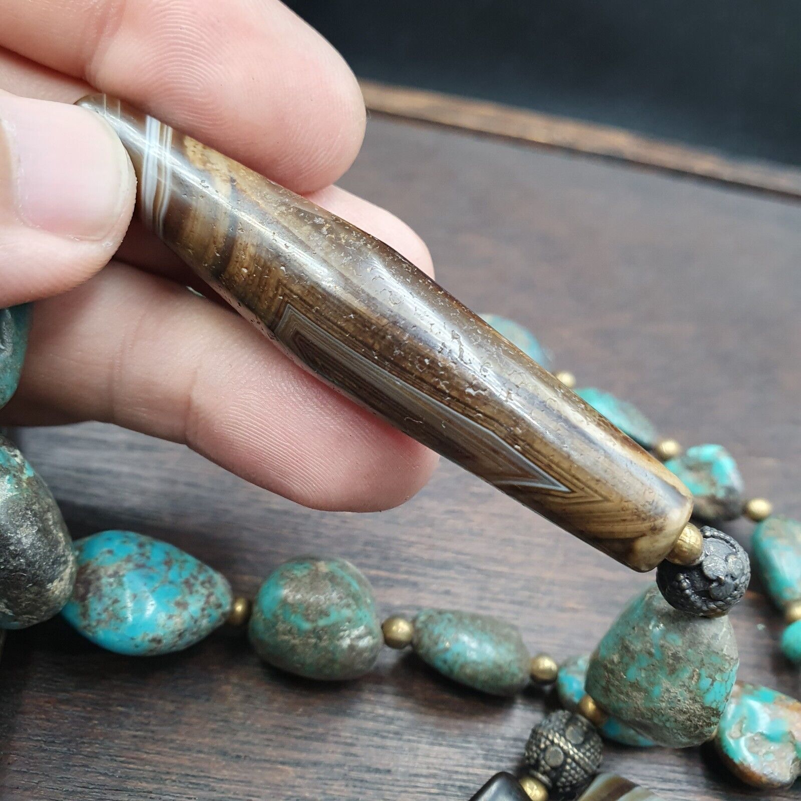 Antique Himalayan Tibetan Agate, Turquoise Amulet Beads Necklace TRQ2