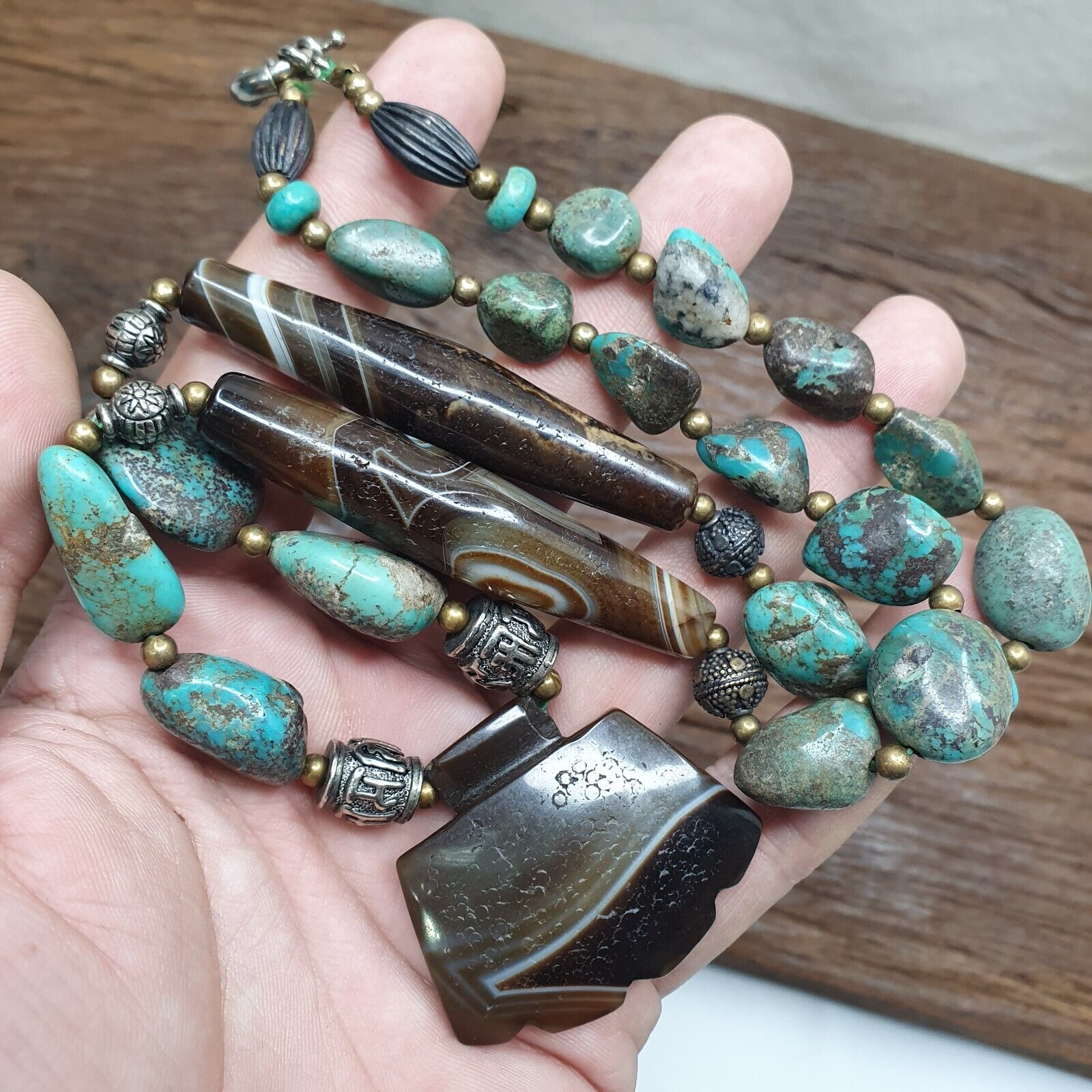 Antique Himalayan Tibetan Suleimani Eye Agate, Turquoise Amulet Beads Necklace