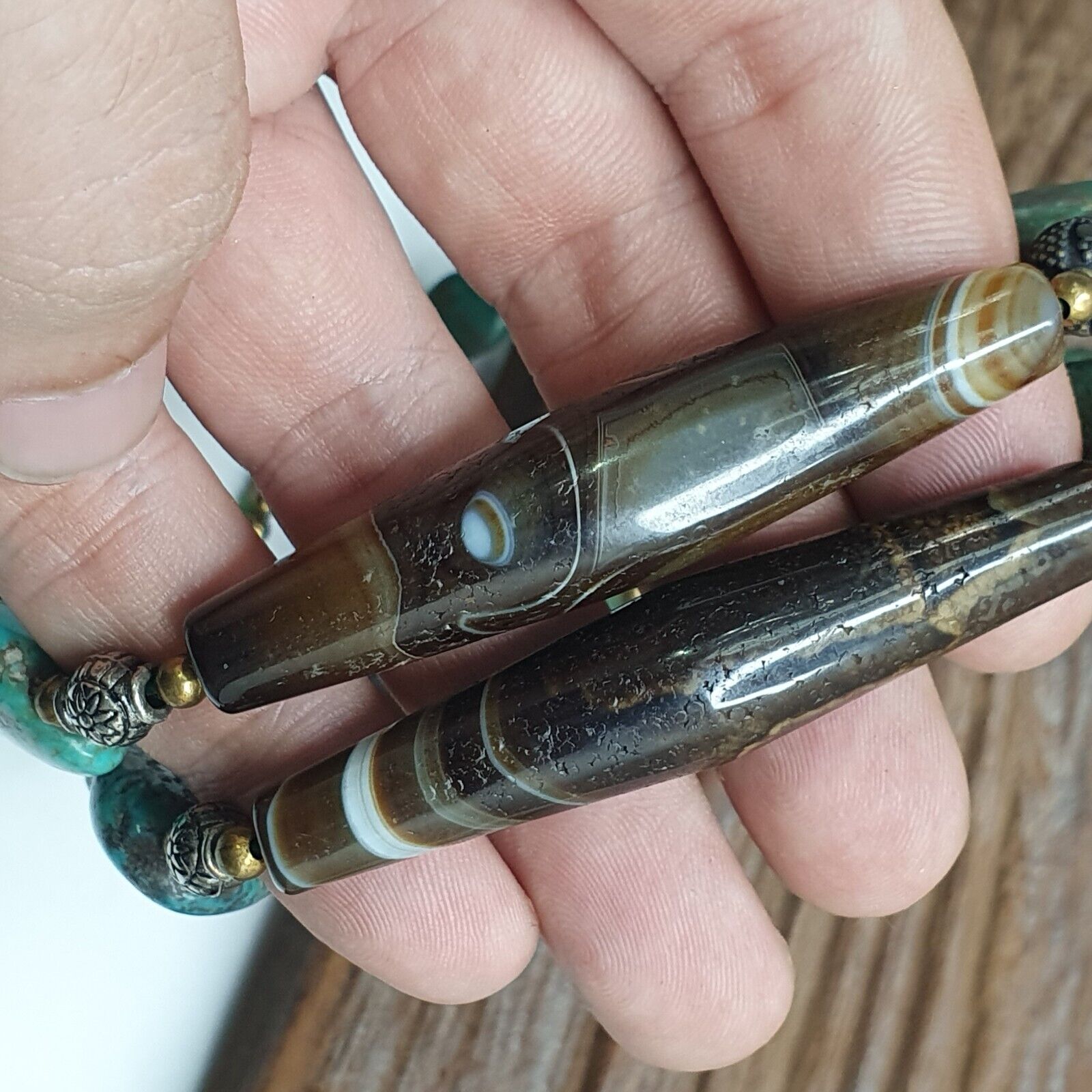 Antique Himalayan Tibetan Suleimani Eye Agate, Turquoise Amulet Beads Necklace