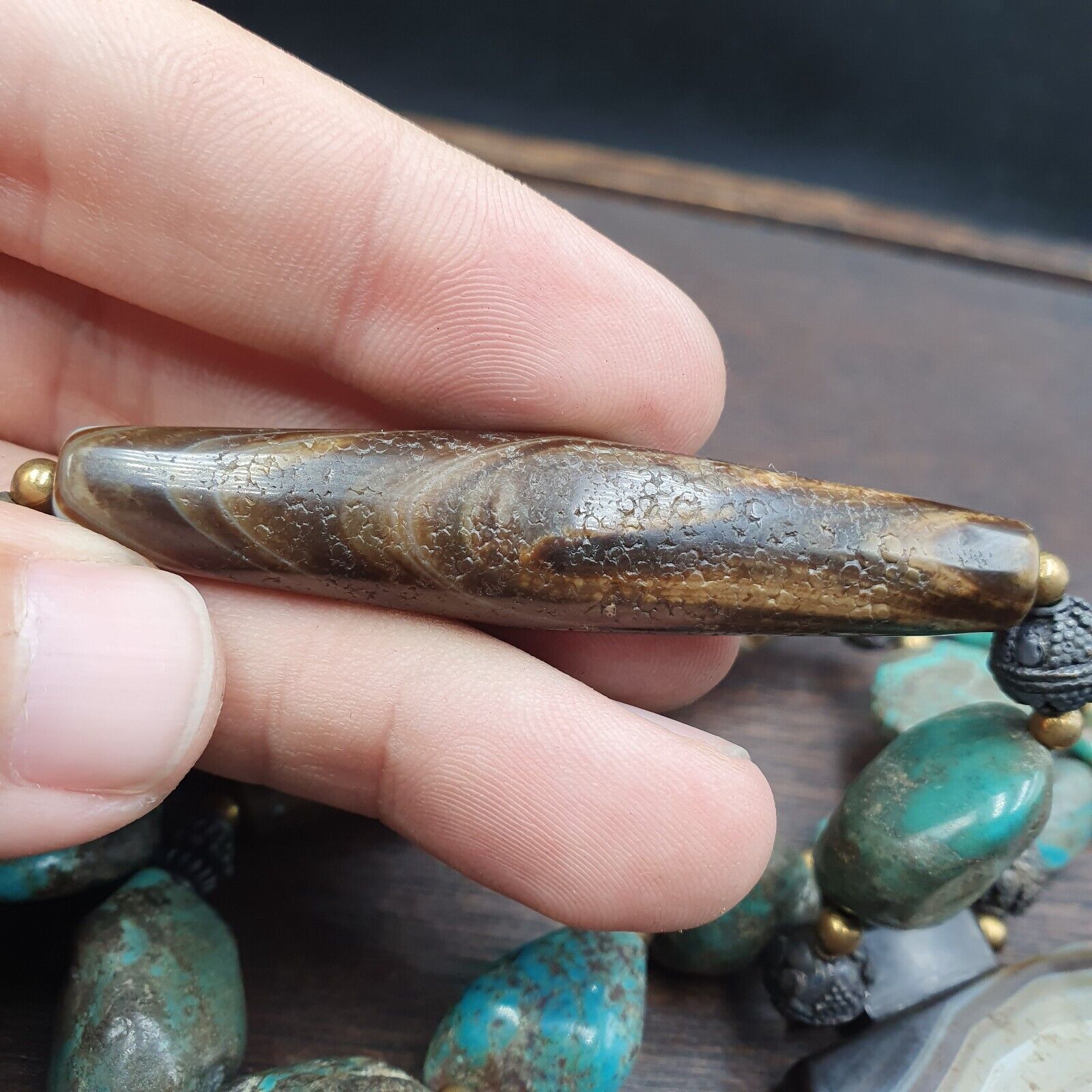 Antique Himalayan Tibetan Agate, Turquoise Amulet Beads Necklace TRQ2