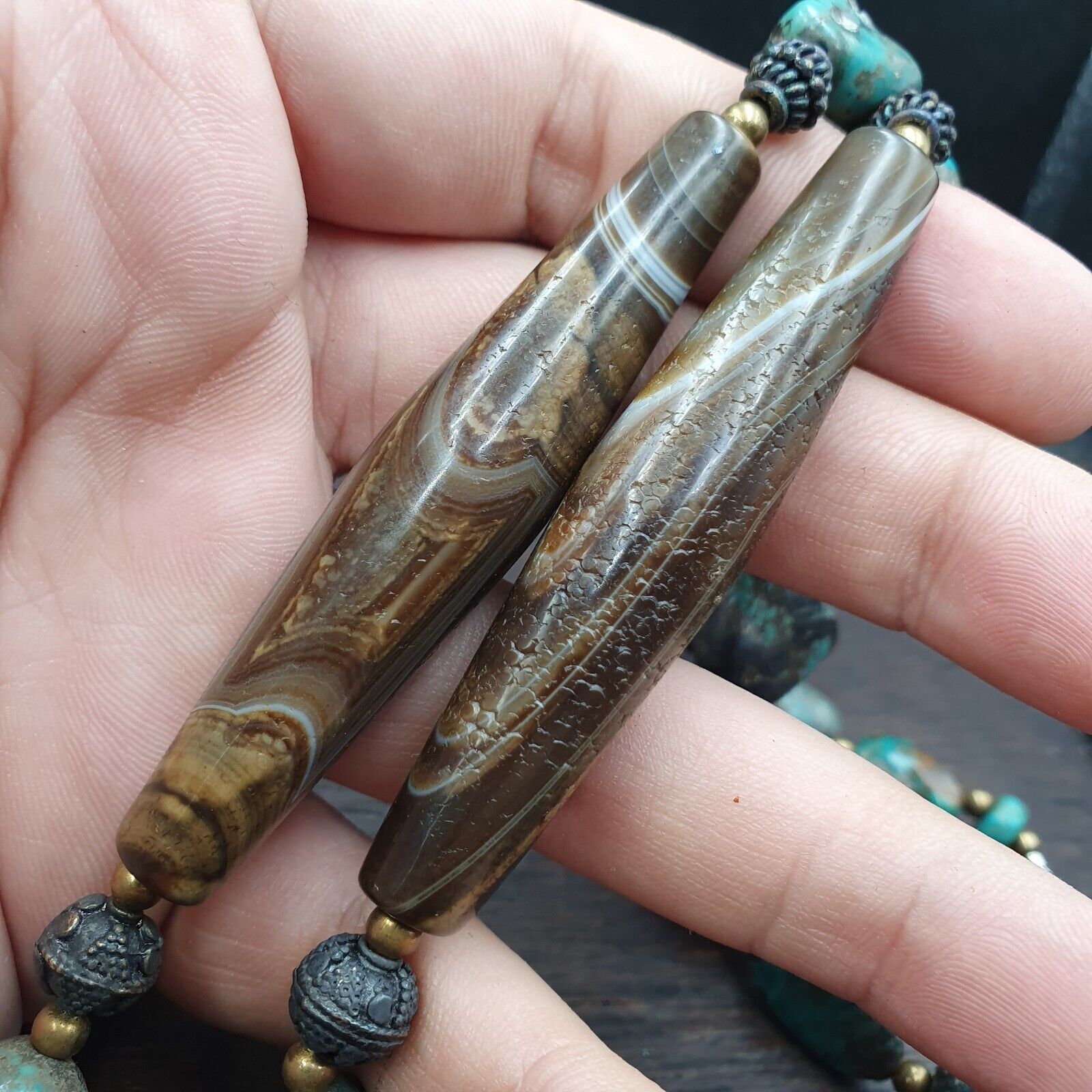 Antique Himalayan Tibetan Agate, Turquoise Amulet Beads Necklace TRQ2