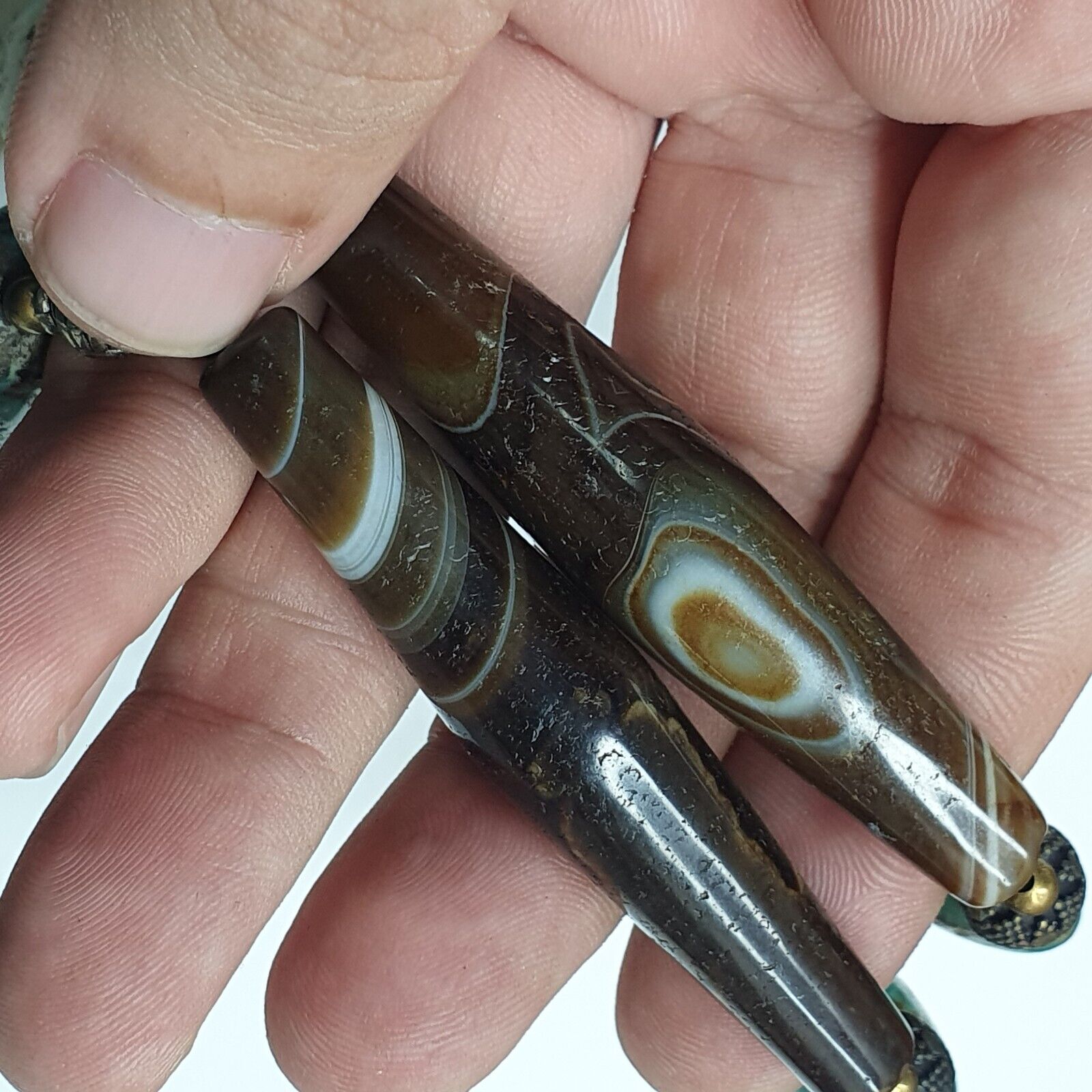 Antique Himalayan Tibetan Suleimani Eye Agate, Turquoise Amulet Beads Necklace