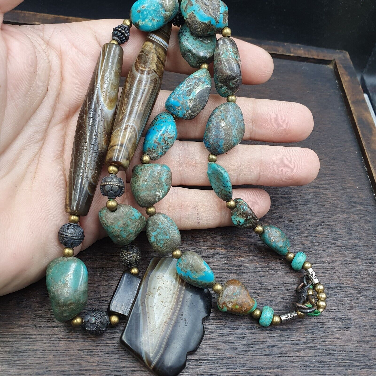 Antique Himalayan Tibetan Agate, Turquoise Amulet Beads Necklace TRQ2