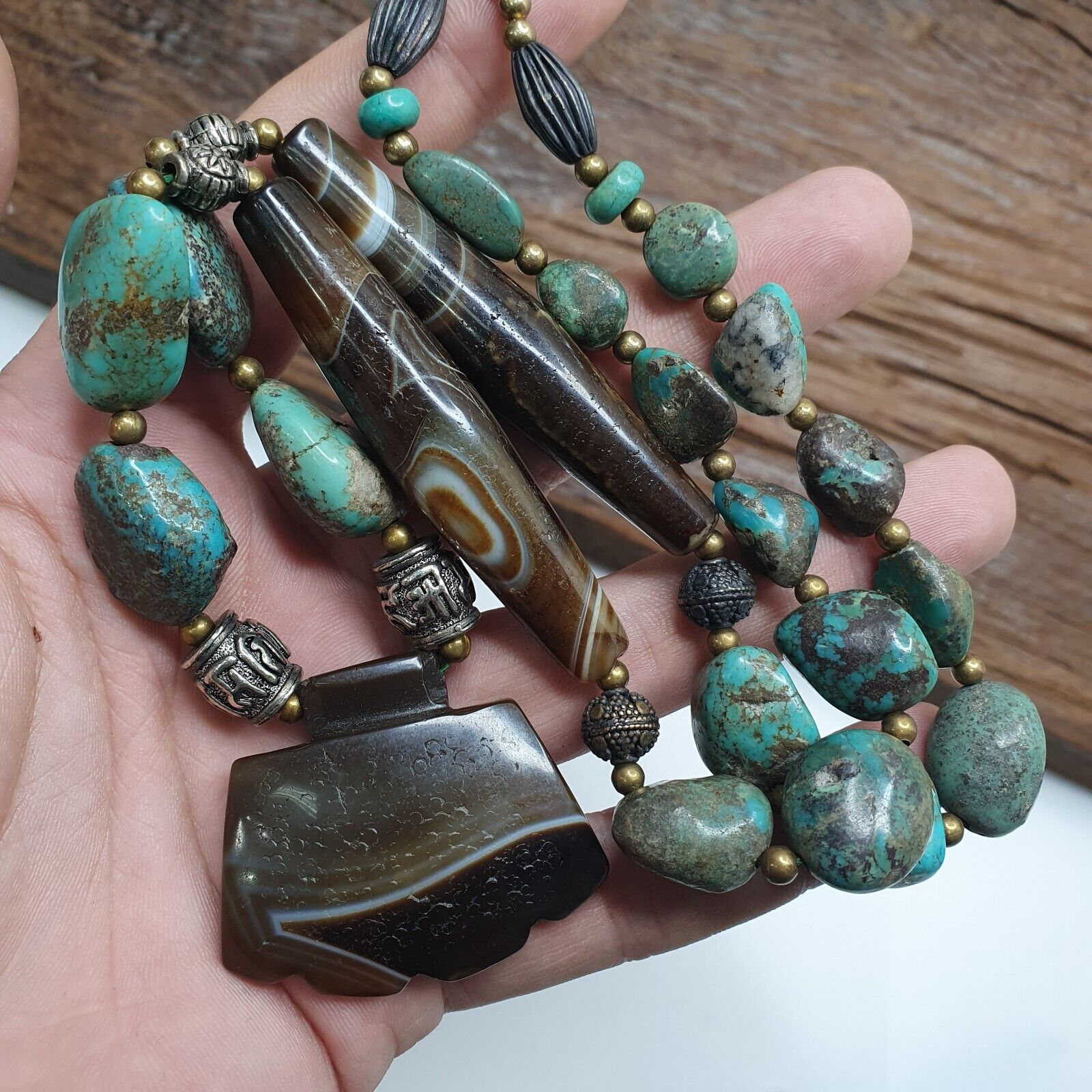 Antique Himalayan Tibetan Suleimani Eye Agate, Turquoise Amulet Beads Necklace