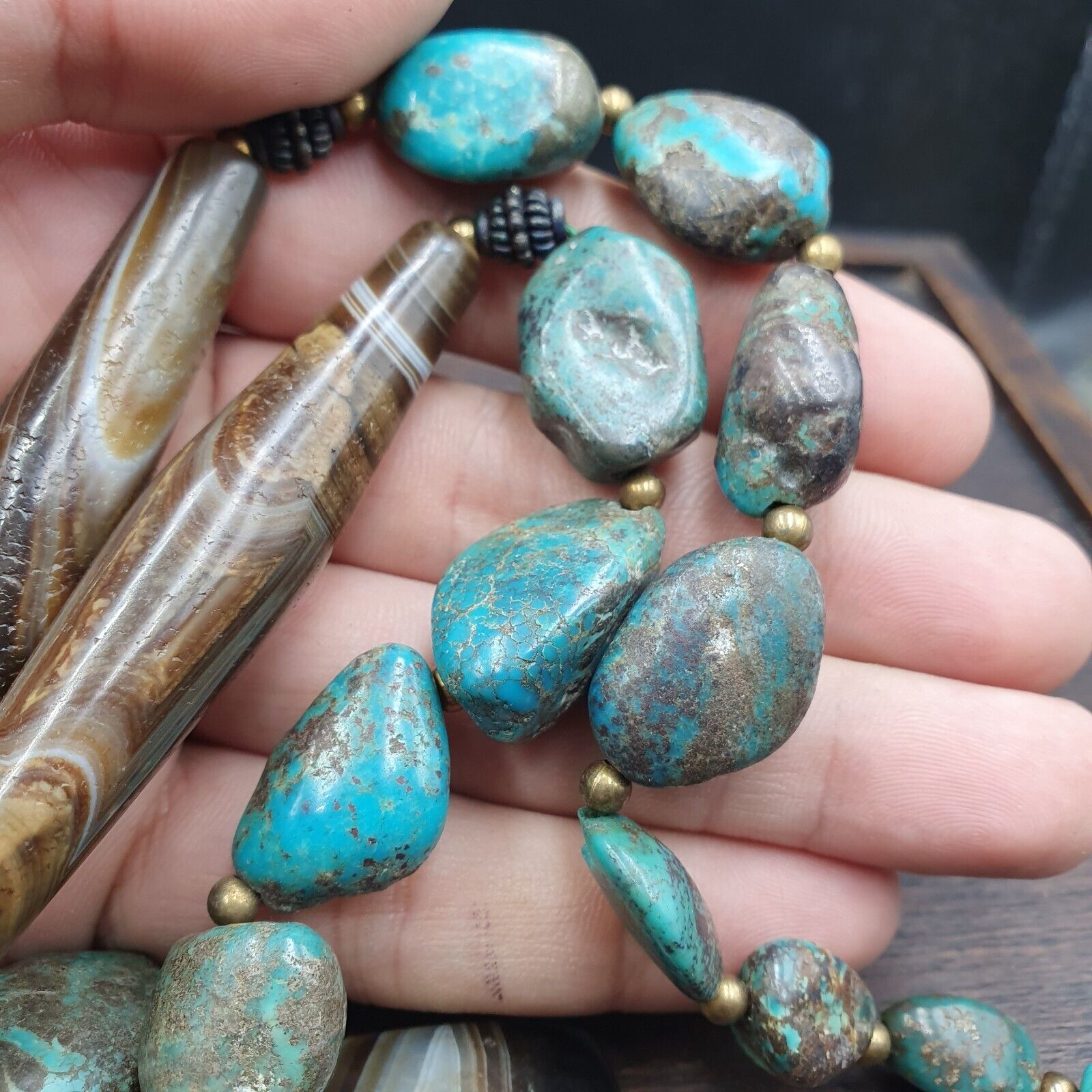 Antique Himalayan Tibetan Agate, Turquoise Amulet Beads Necklace TRQ2