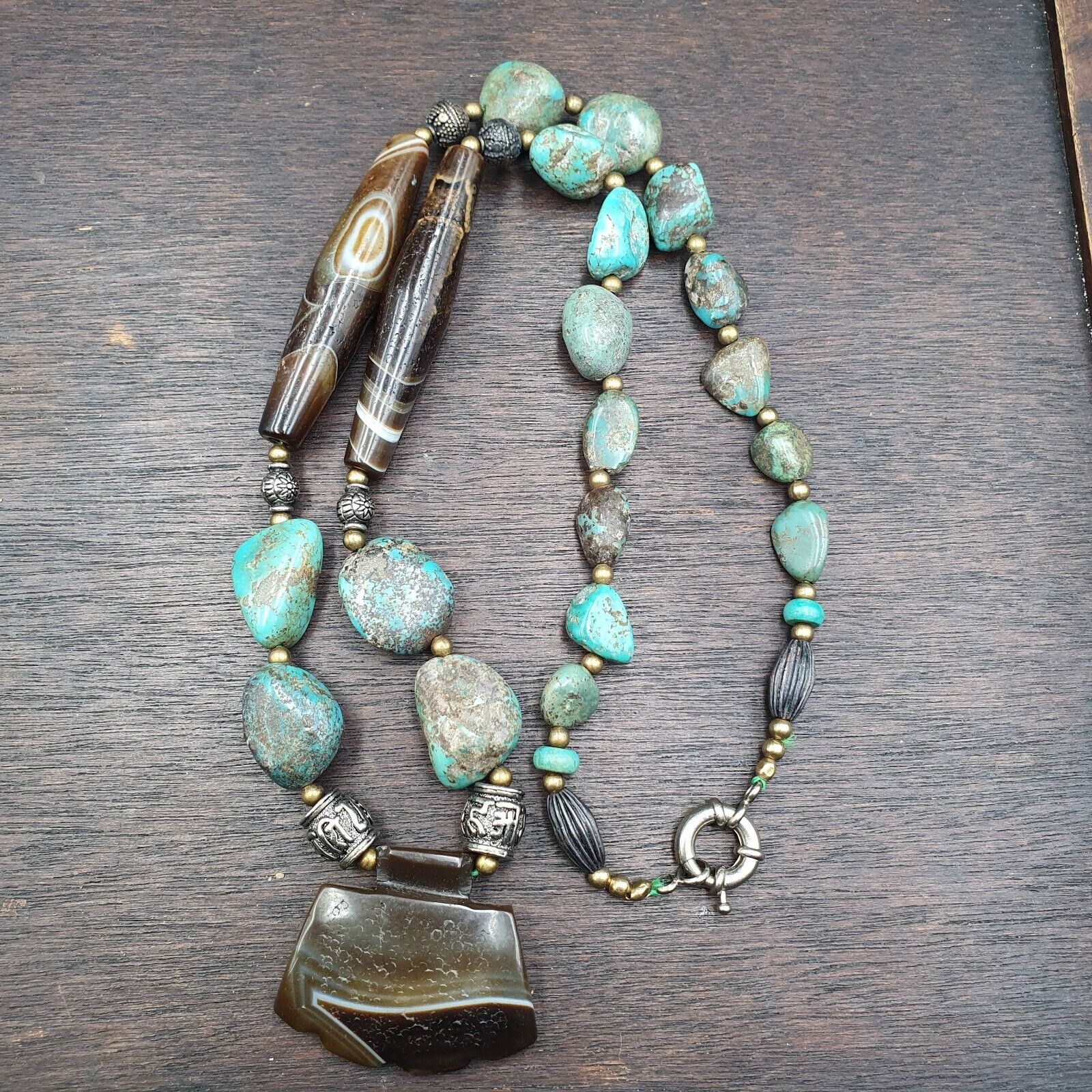 Antique Himalayan Tibetan Suleimani Eye Agate, Turquoise Amulet Beads Necklace