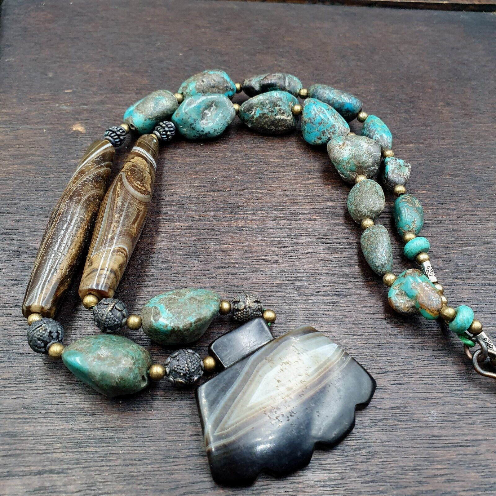 Antique Himalayan Tibetan Agate, Turquoise Amulet Beads Necklace TRQ2