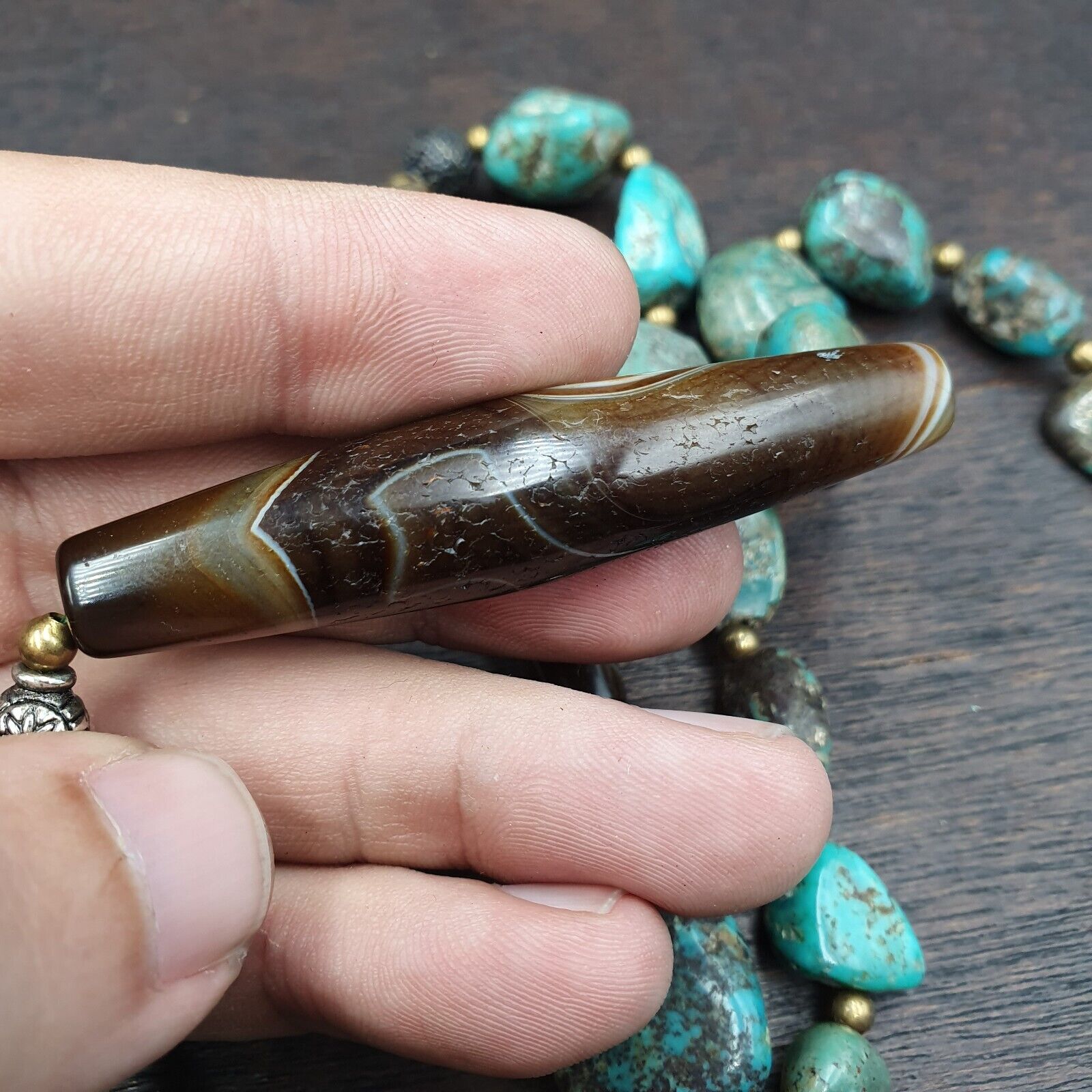Antique Himalayan Tibetan Suleimani Eye Agate, Turquoise Amulet Beads Necklace