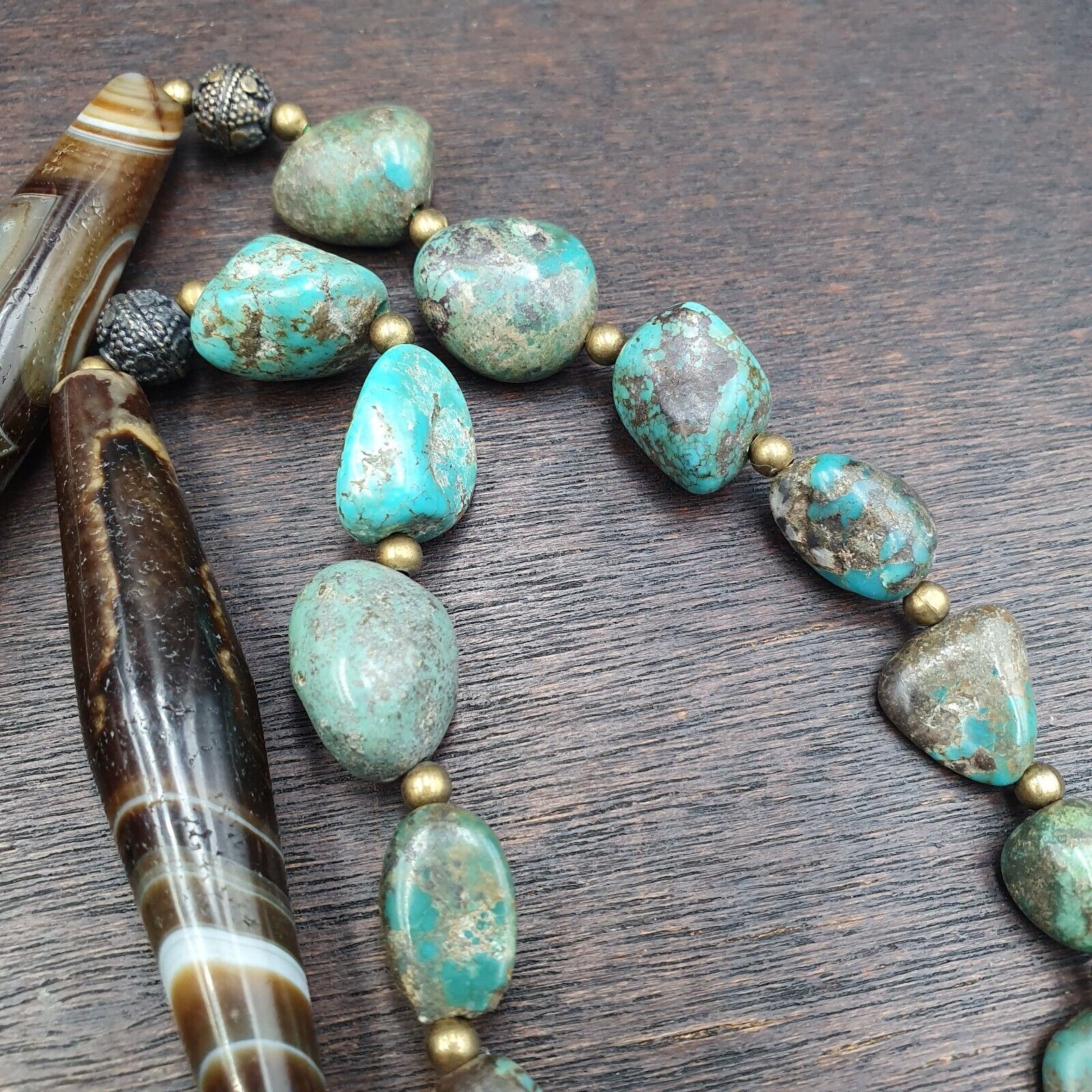 Antique Himalayan Tibetan Suleimani Eye Agate, Turquoise Amulet Beads Necklace