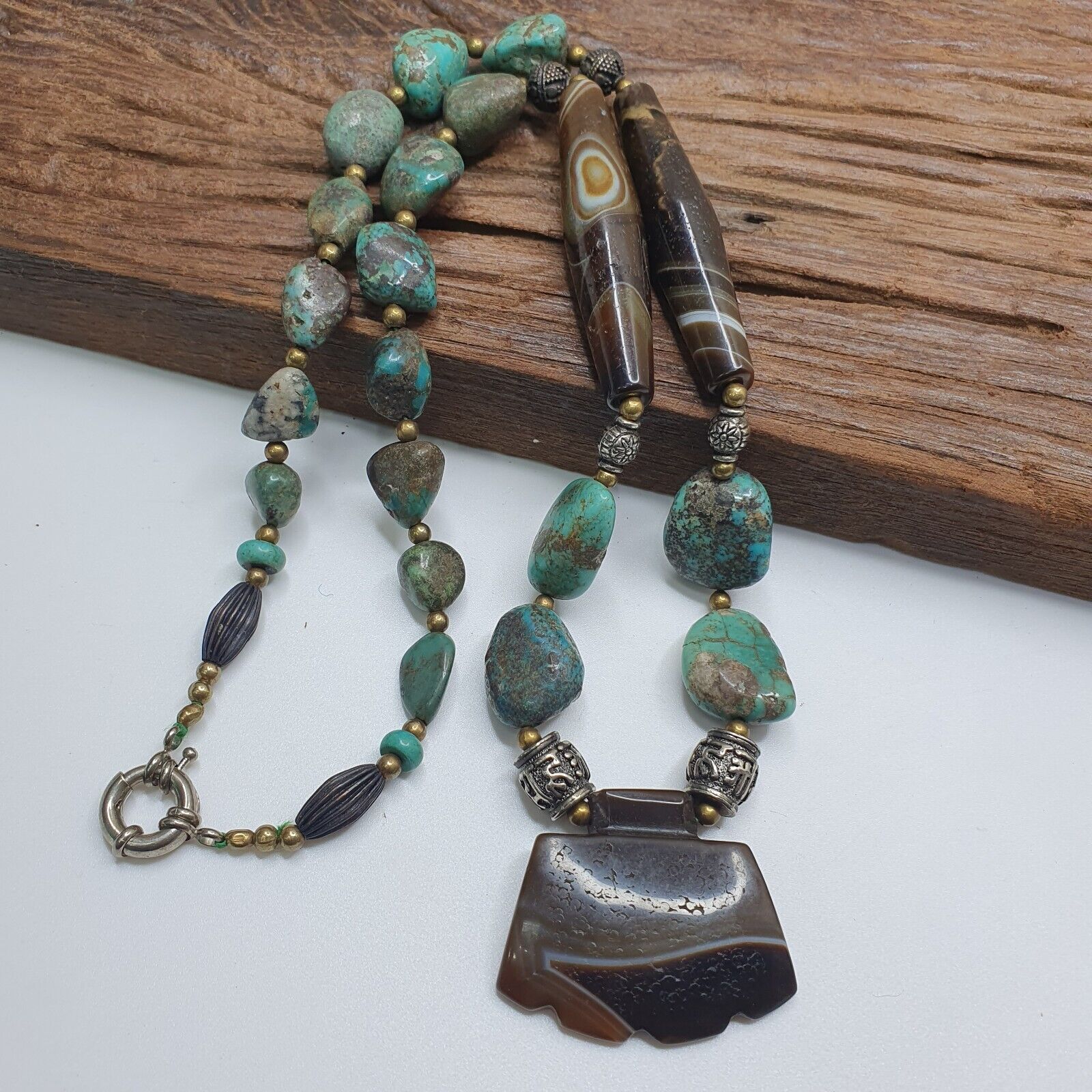 Antique Himalayan Tibetan Suleimani Eye Agate, Turquoise Amulet Beads Necklace
