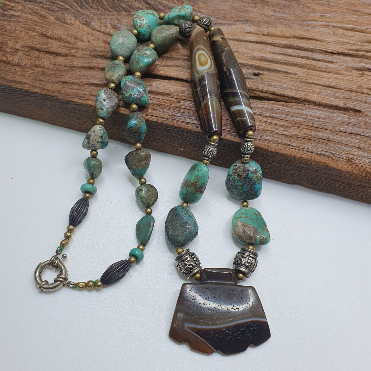 Antique Himalayan Tibetan Suleimani Eye Agate, Turquoise Amulet Beads Necklace