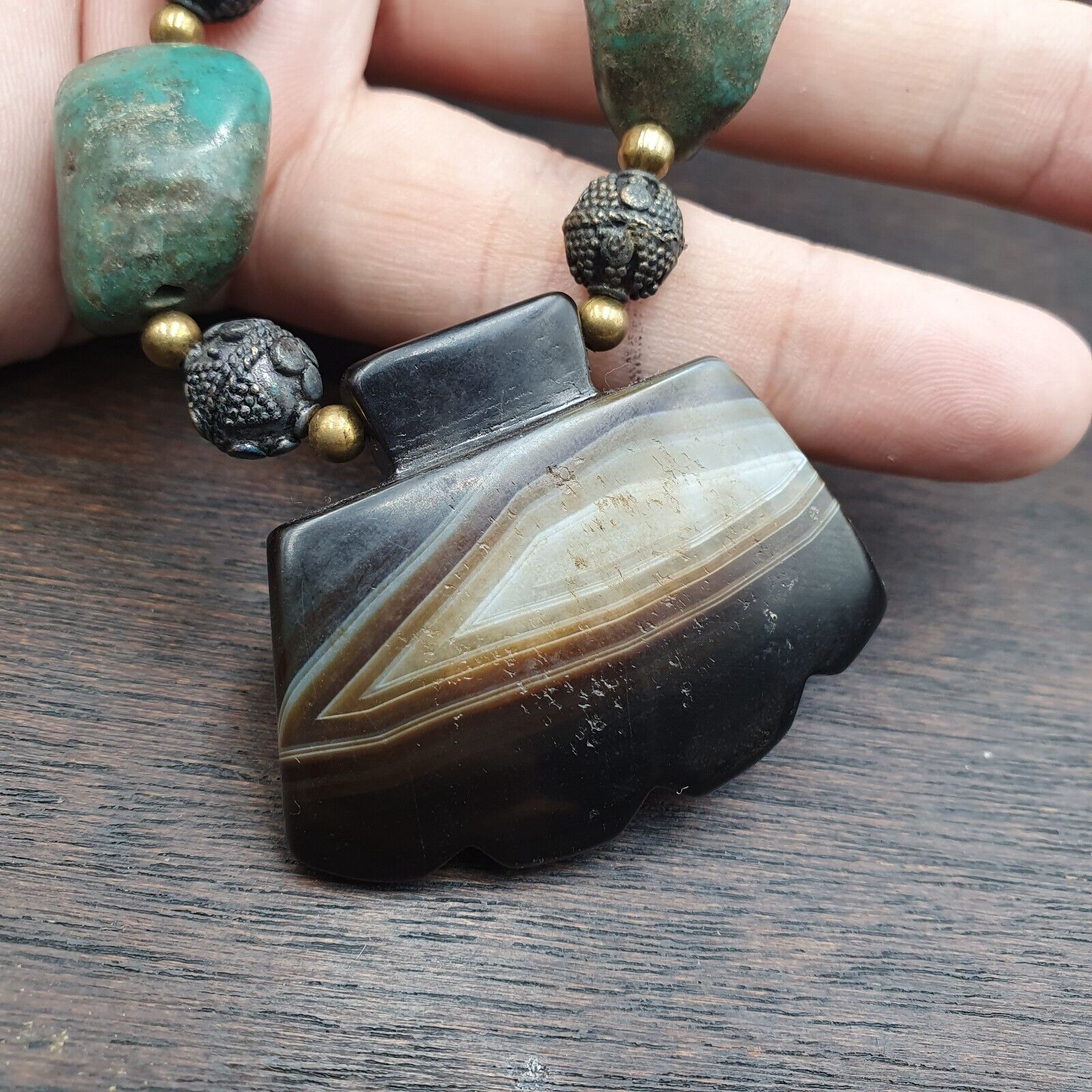Antique Himalayan Tibetan Agate, Turquoise Amulet Beads Necklace TRQ2