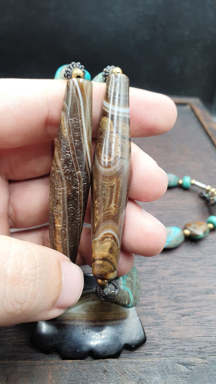 Antique Himalayan Tibetan Agate, Turquoise Amulet Beads Necklace TRQ2