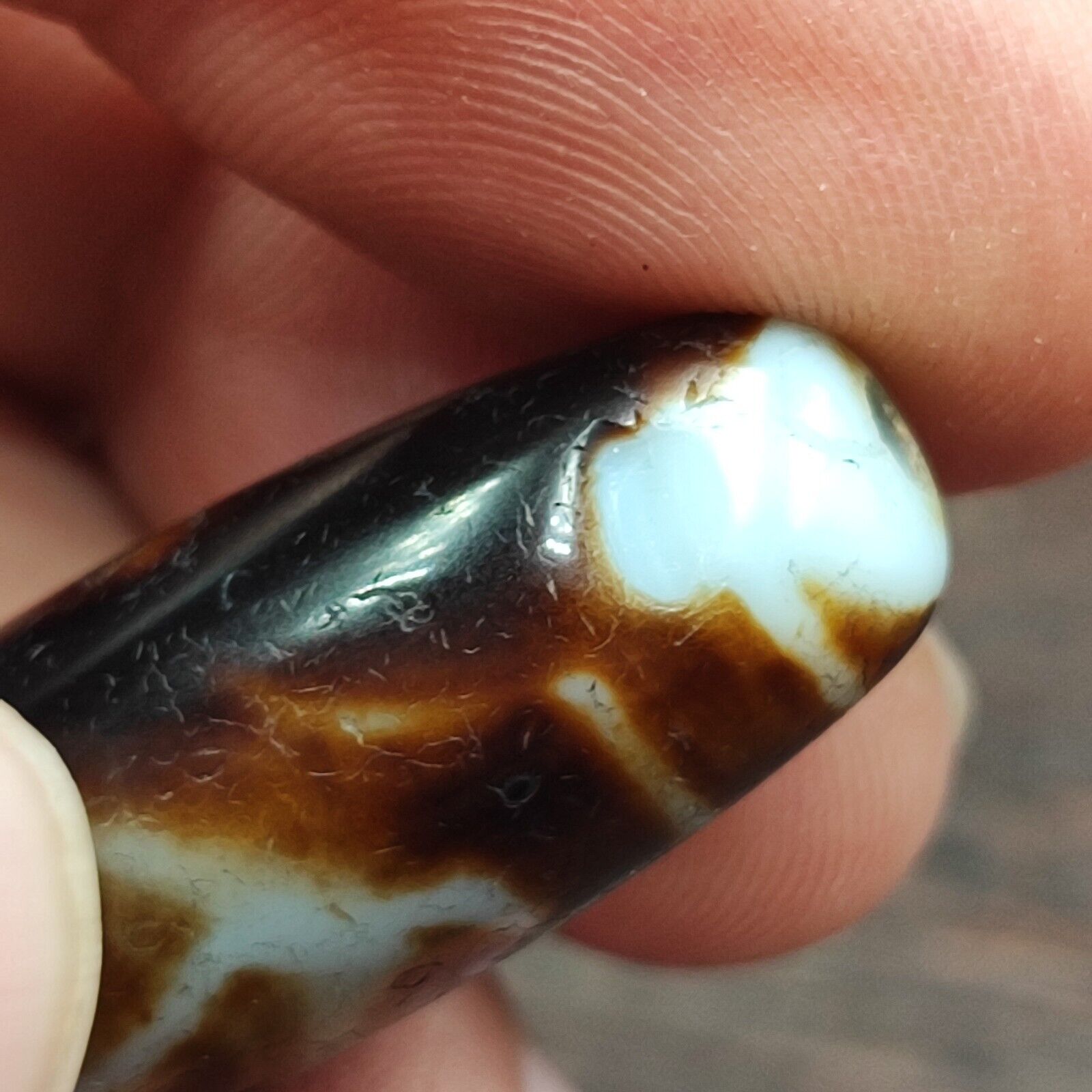 Rusted Antique Himalayan Indo Tibetan White Agate Dzi Bead Amulet  #3-6