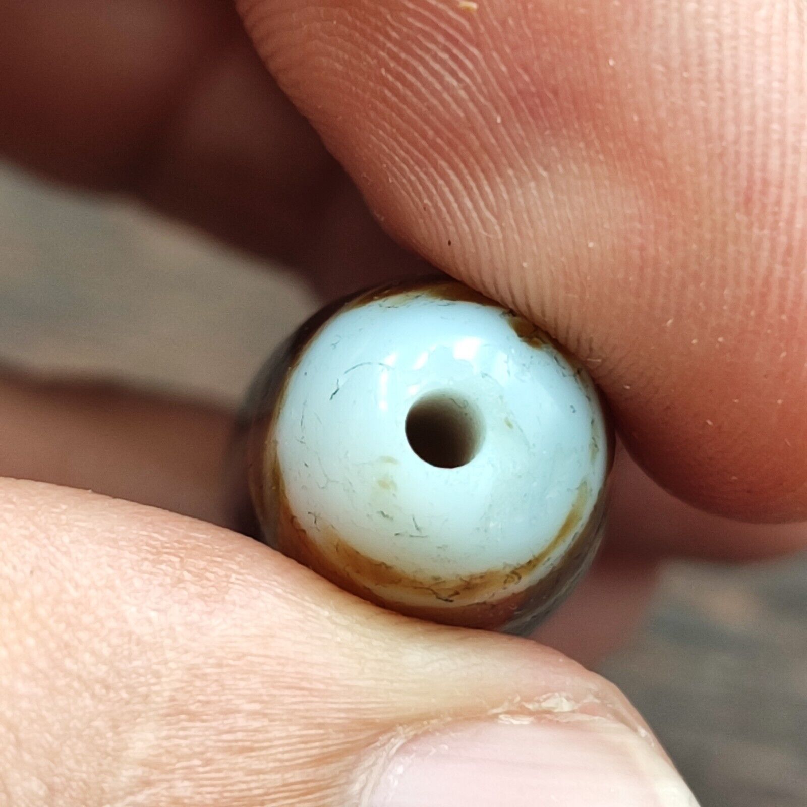 Rusted Antique Himalayan Indo Tibetan White Agate Dzi Bead Amulet  #3-6