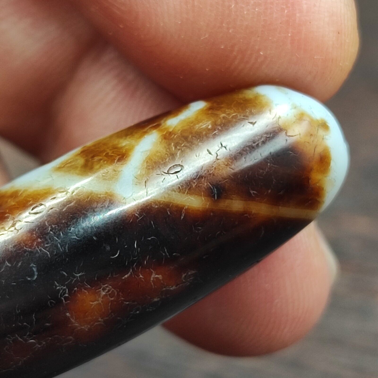 Rusted Antique Himalayan Indo Tibetan White Agate Dzi Bead Amulet  #3-6