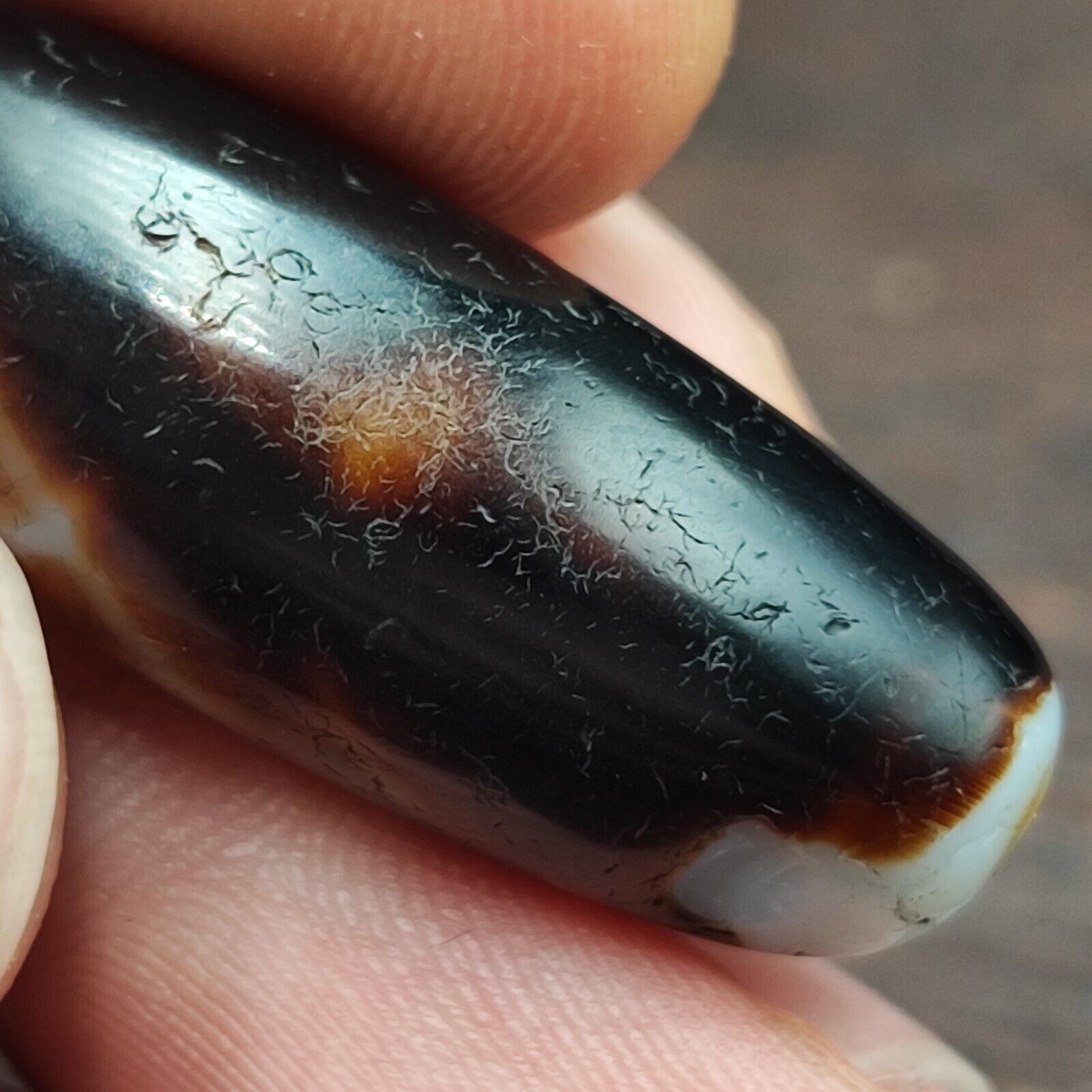 Rusted Antique Himalayan Indo Tibetan White Agate Dzi Bead Amulet  #3-6