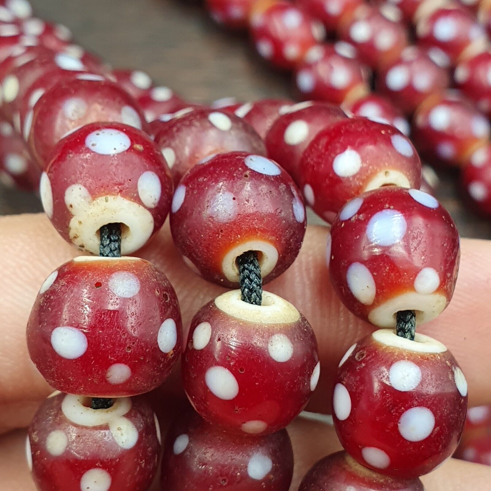 Antique Venetian Style old red white heart Skunk beads African Necklace