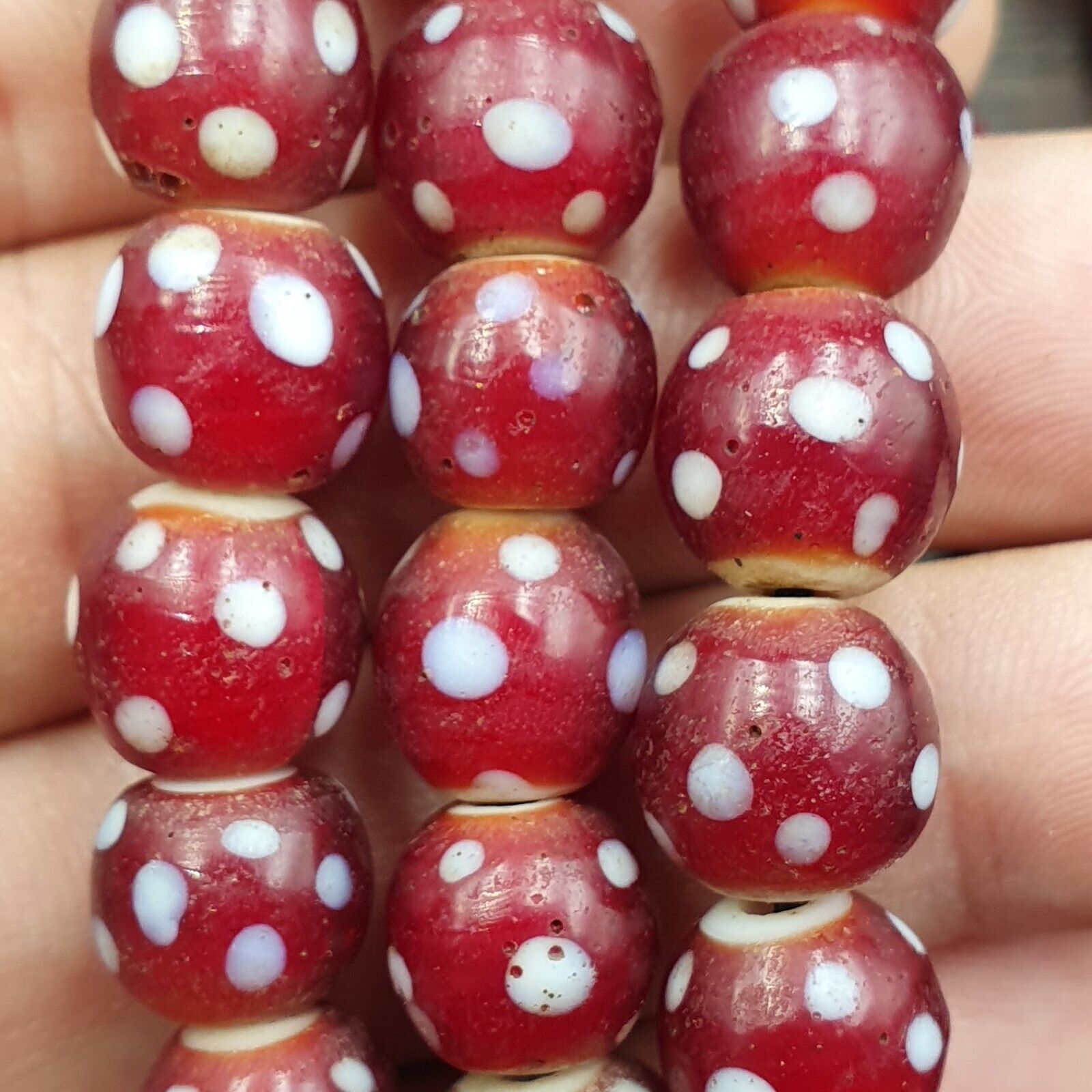 Antique Venetian Style old red white heart Skunk beads African Necklace