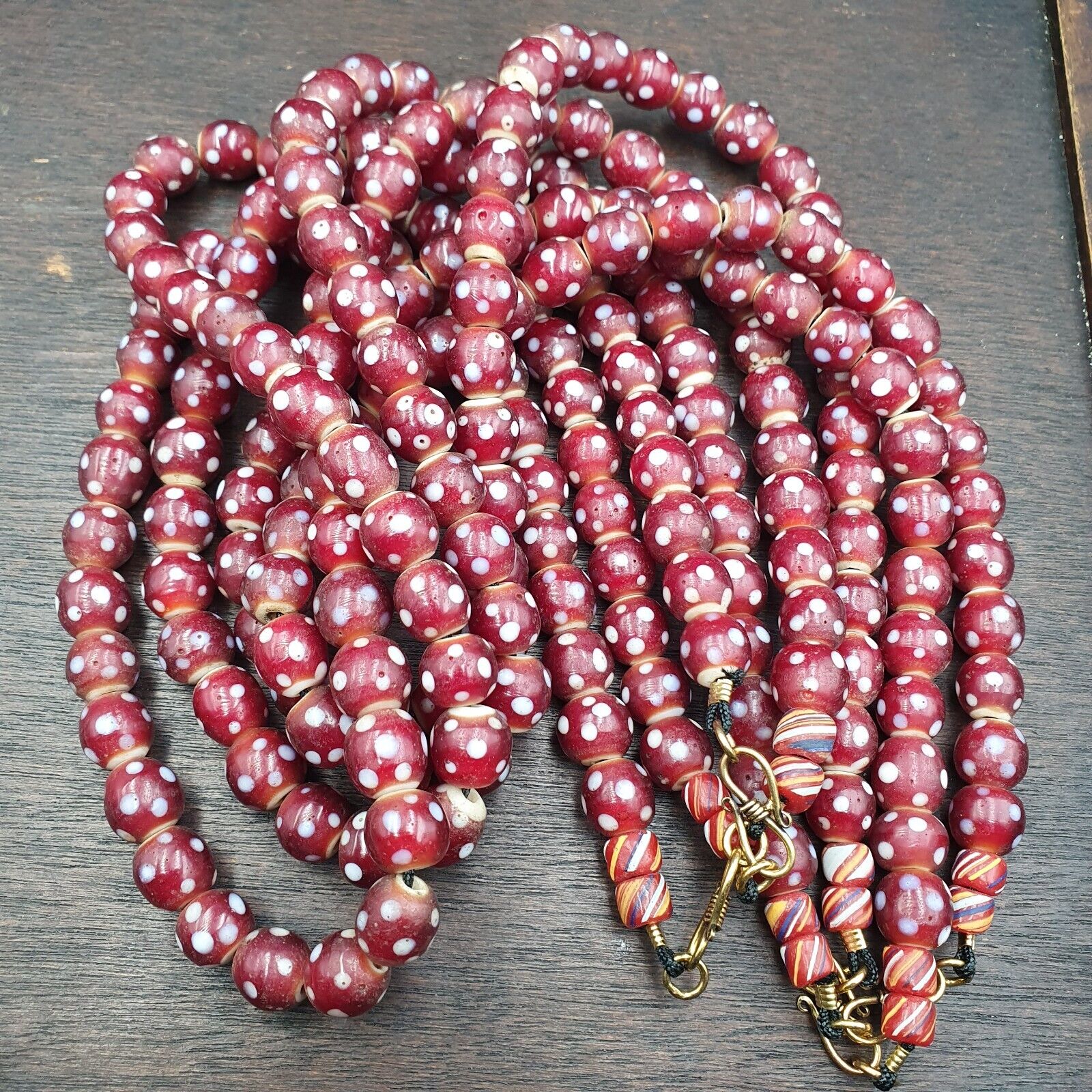 Antique Venetian Style old red white heart Skunk beads African Necklace