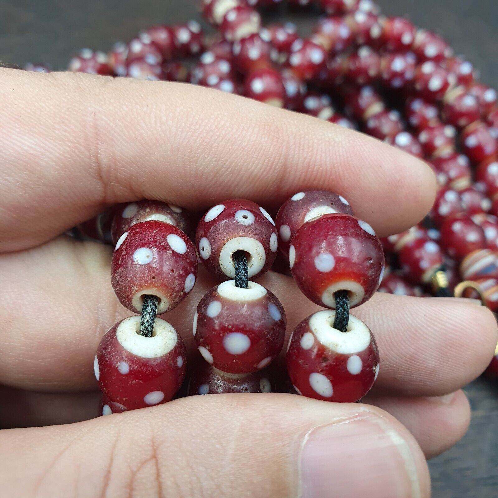 Antique Venetian Style old red white heart Skunk beads African Necklace
