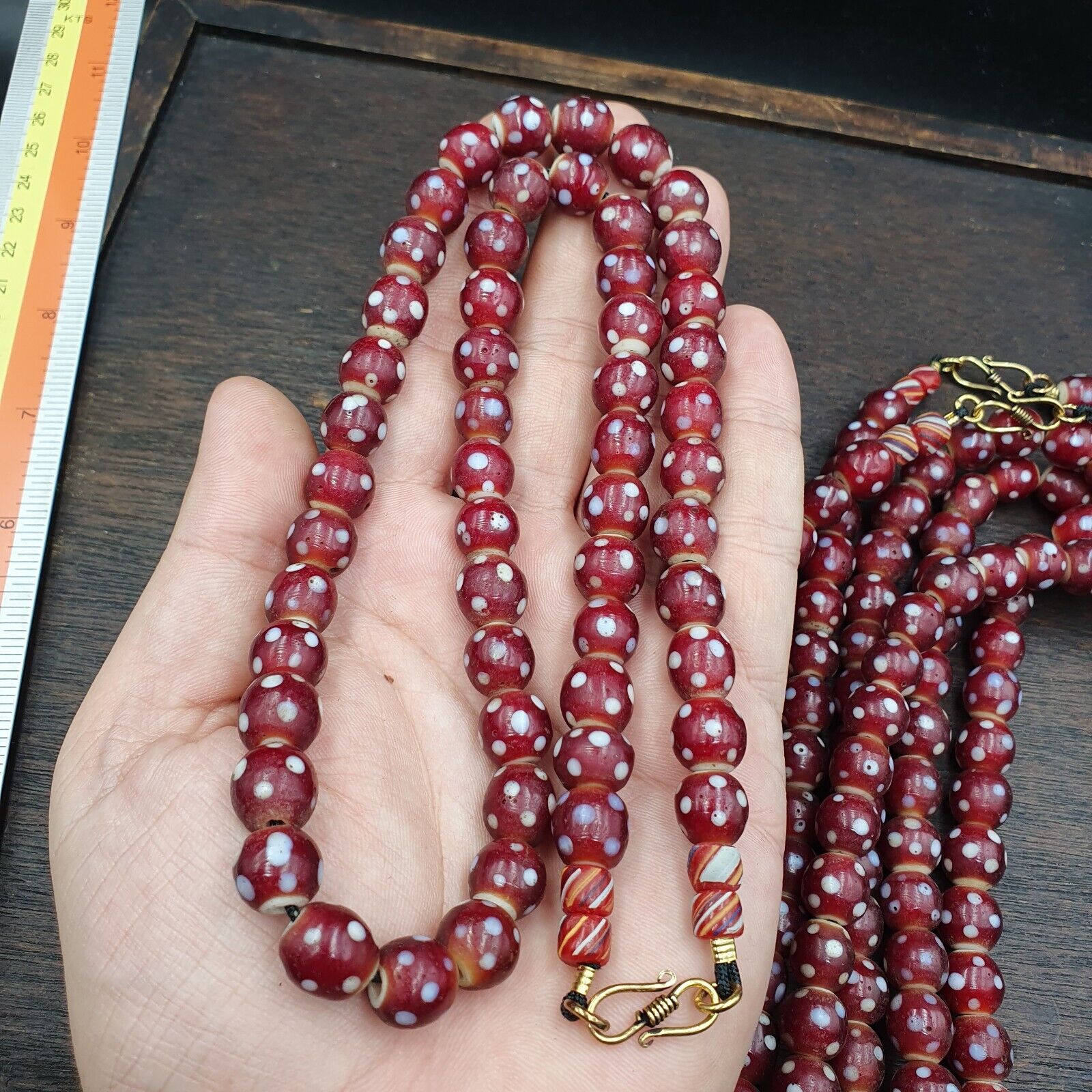 Antique Venetian Style old red white heart Skunk beads African Necklace